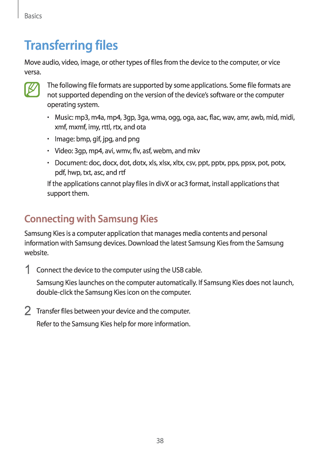 Samsung GT-I9060ZWDLYS, GT-I9060EGAXEF, GT-I9060ZWAXEF manual Transferring files, Connecting with Samsung Kies, Basics 