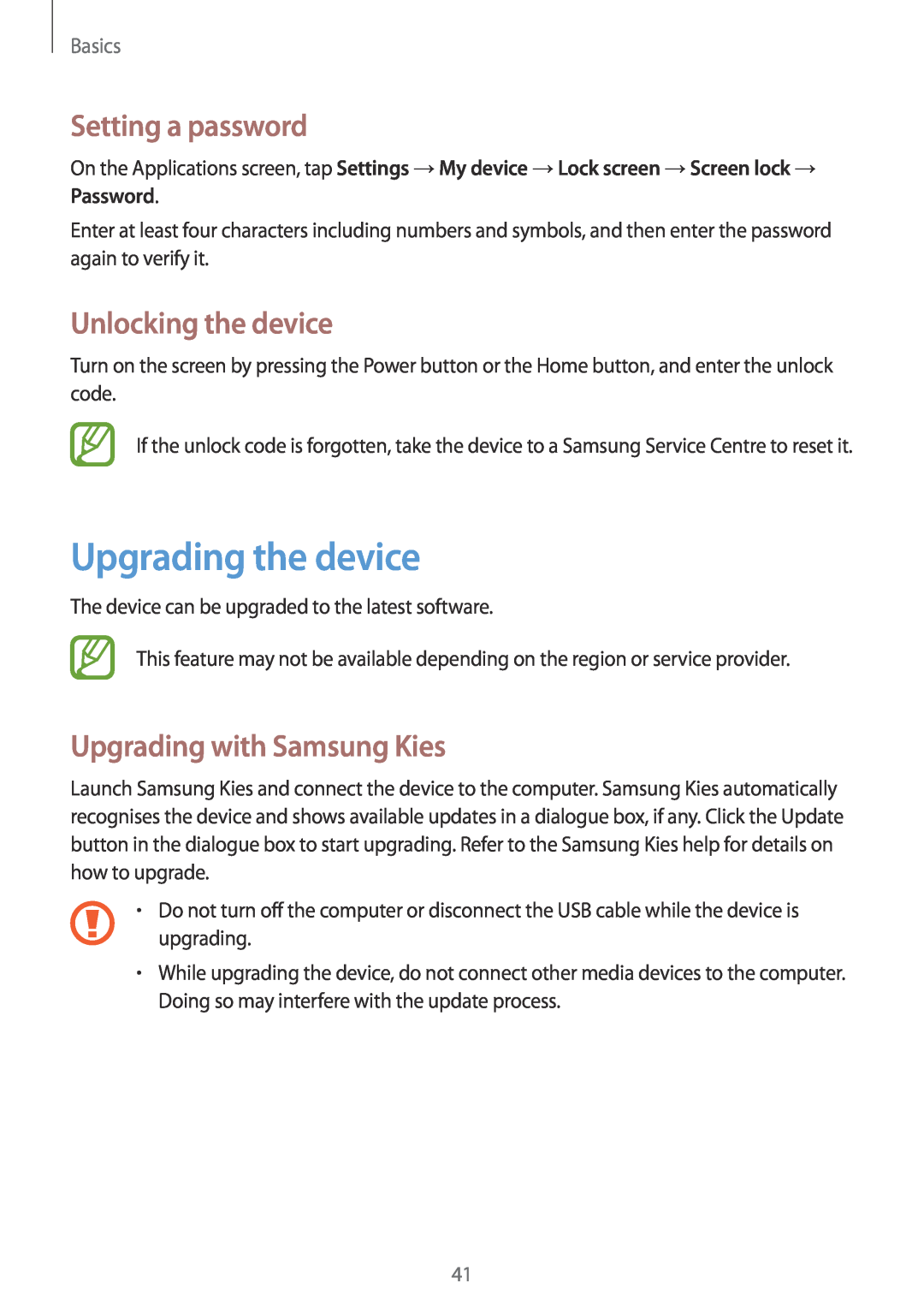 Samsung GT-I9060MKDECT Upgrading the device, Setting a password, Unlocking the device, Upgrading with Samsung Kies, Basics 