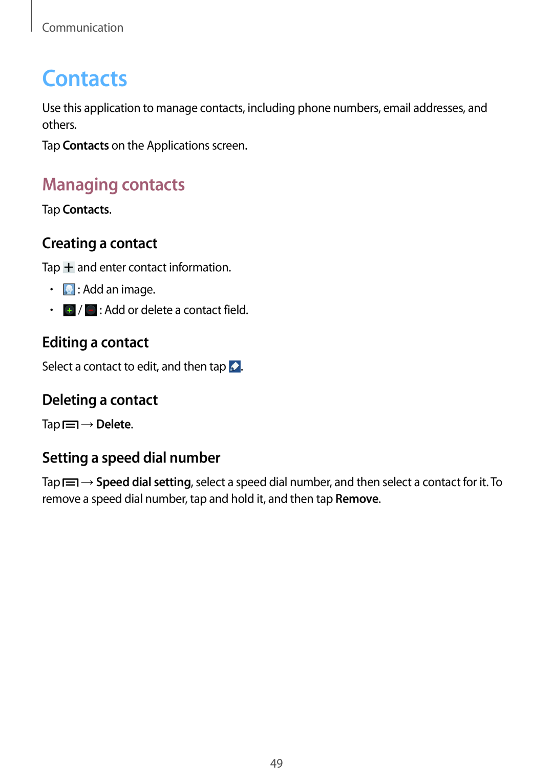 Samsung GT-I9060ZODMID manual Contacts, Managing contacts, Creating a contact, Editing a contact, Deleting a contact 