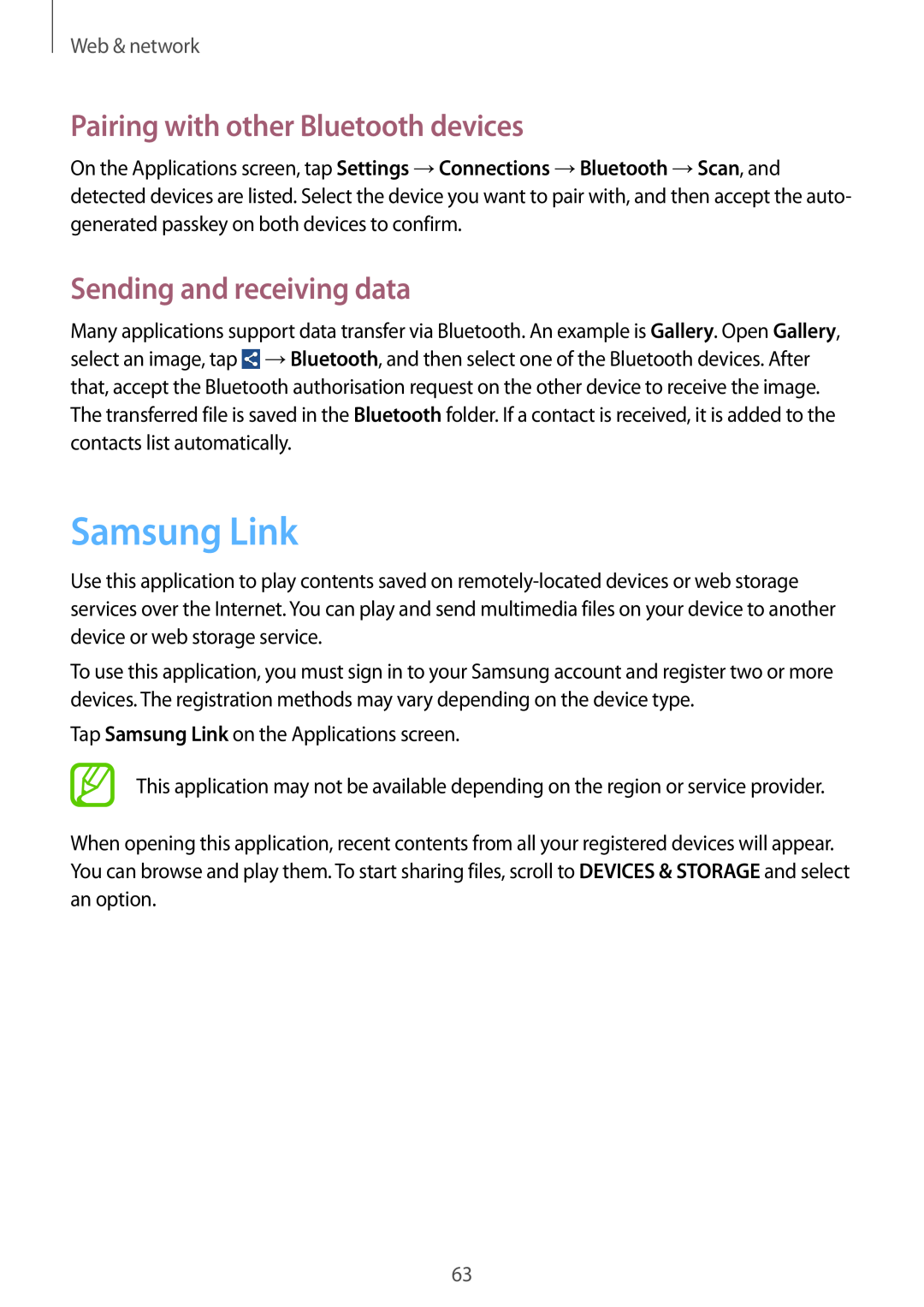 Samsung GT-I9060ZWAXFE manual Samsung Link, Pairing with other Bluetooth devices, Sending and receiving data, Web & network 