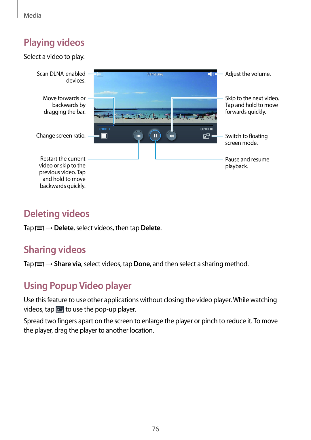Samsung GT-I9060ZWAVIP, GT-I9060EGAXEF Deleting videos, Sharing videos, Using Popup Video player, Playing videos, Media 
