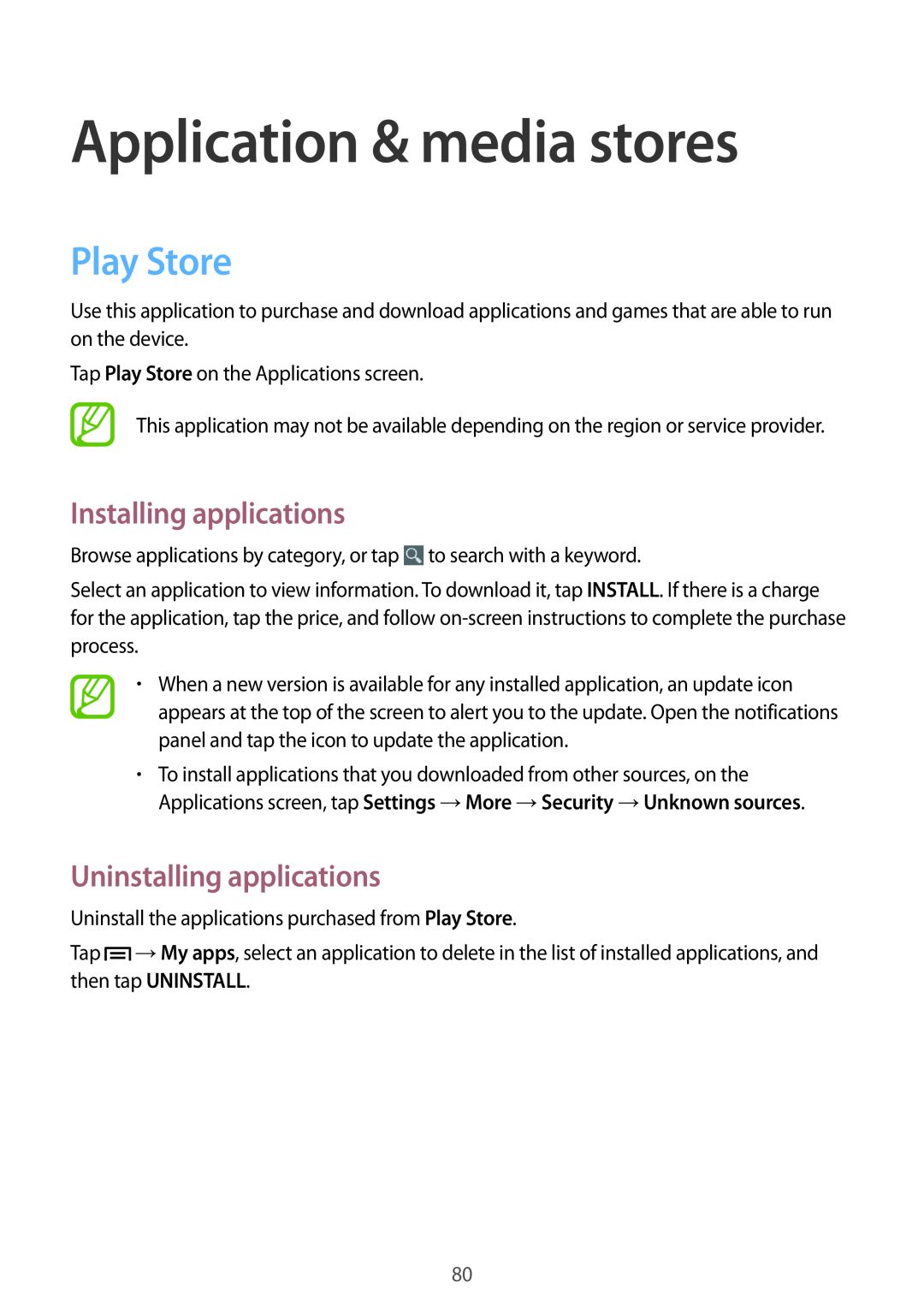 Samsung GT2I9060MKDETL manual Application & media stores, Play Store, Installing applications, Uninstalling applications 