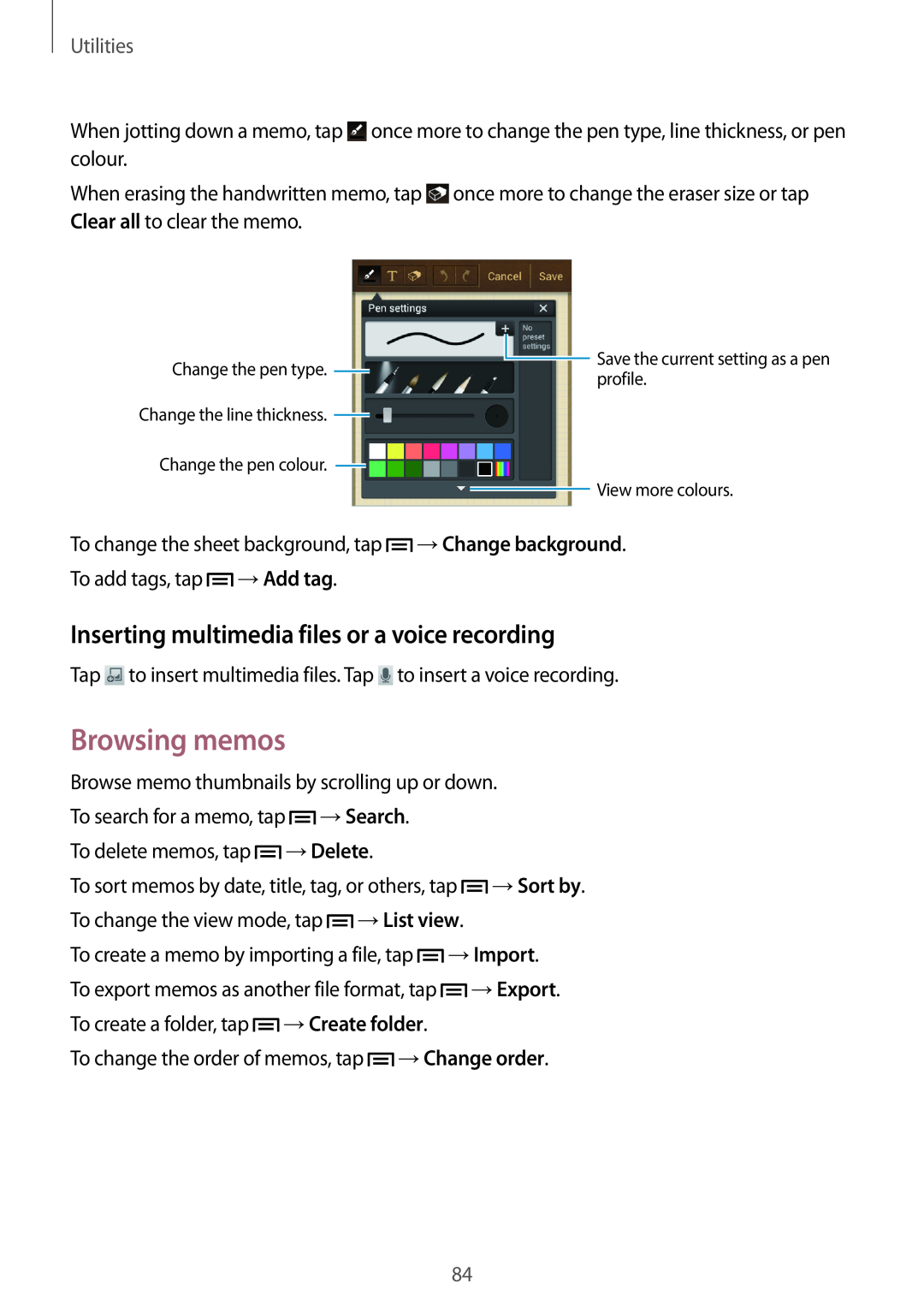 Samsung GT-I9060MKDEUR manual Browsing memos, Inserting multimedia files or a voice recording, Utilities, →Delete, →Import 