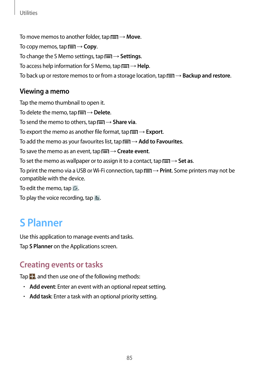 Samsung GT-I9060MKADRE, GT-I9060EGAXEF, GT-I9060ZWAXEF manual S Planner, Creating events or tasks, Viewing a memo, Utilities 