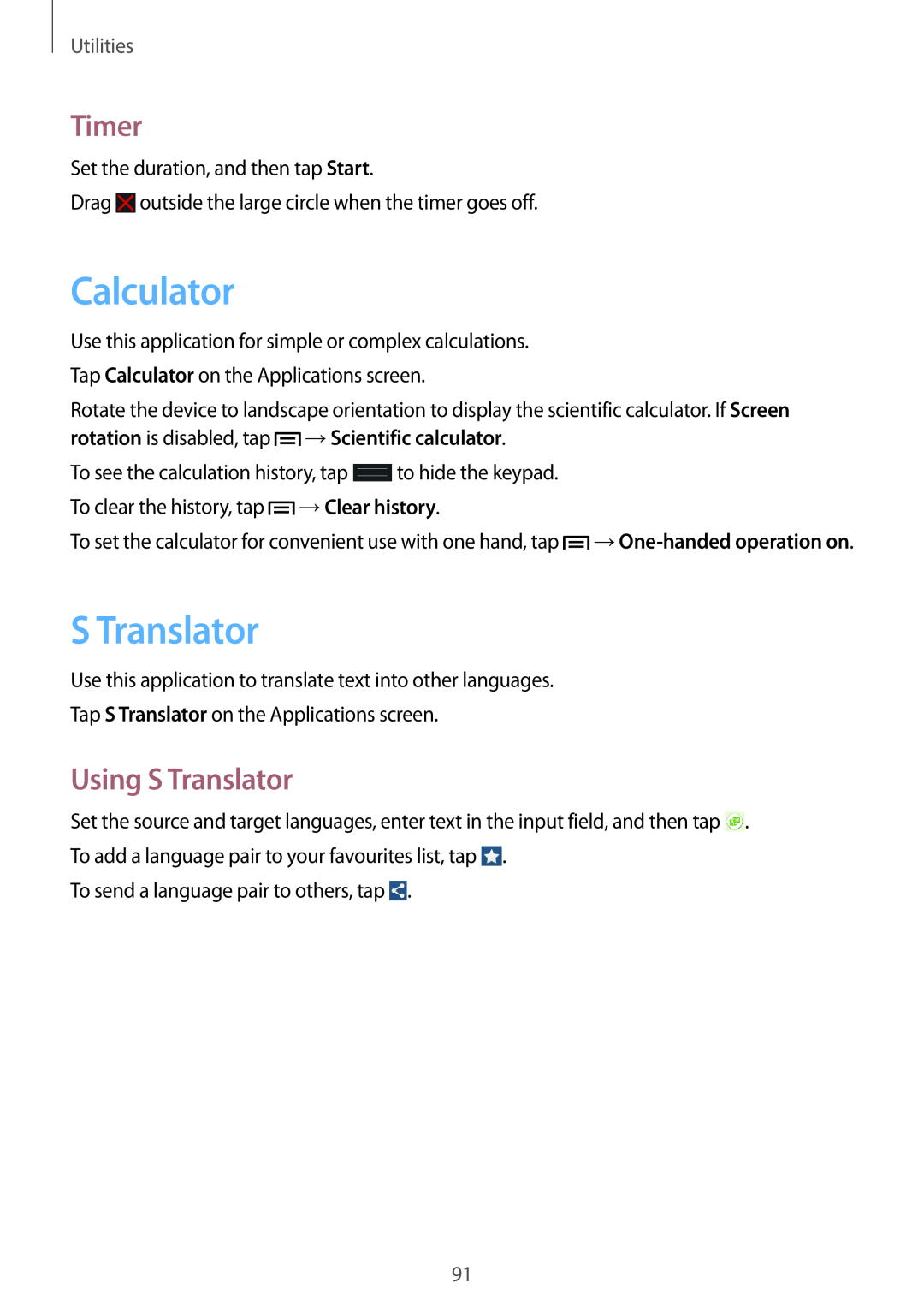 Samsung GT2I9060ZWDETL manual Calculator, Timer, Using S Translator, →Scientific calculator, →Clear history, Utilities 