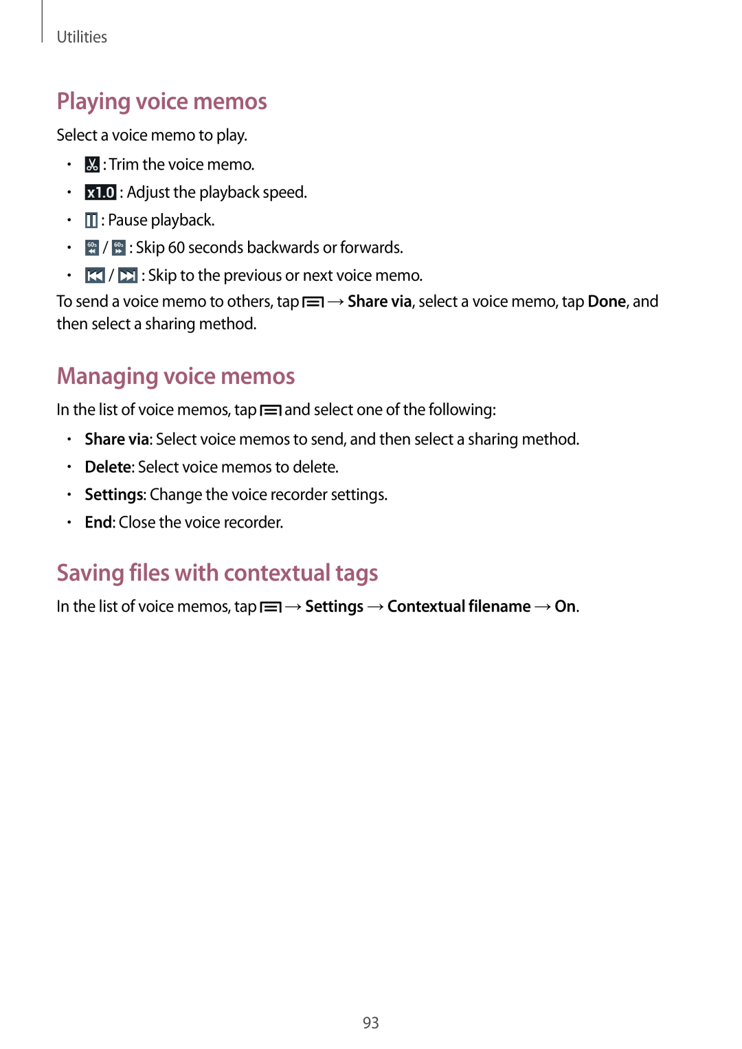 Samsung GT2I9060MKDXEH manual Playing voice memos, Managing voice memos, Saving files with contextual tags, Utilities 
