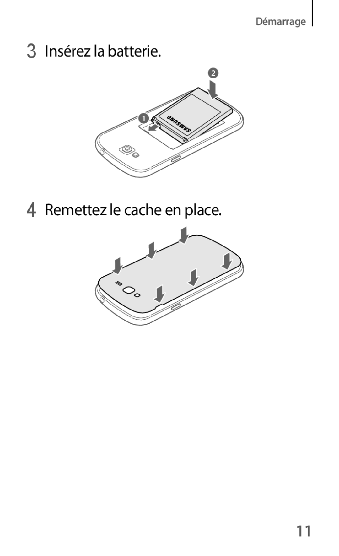 Samsung GT-I9060MKAXEF, GT-I9060EGAXEF, GT-I9060ZWAXEF manual Insérez la batterie Remettez le cache en place 