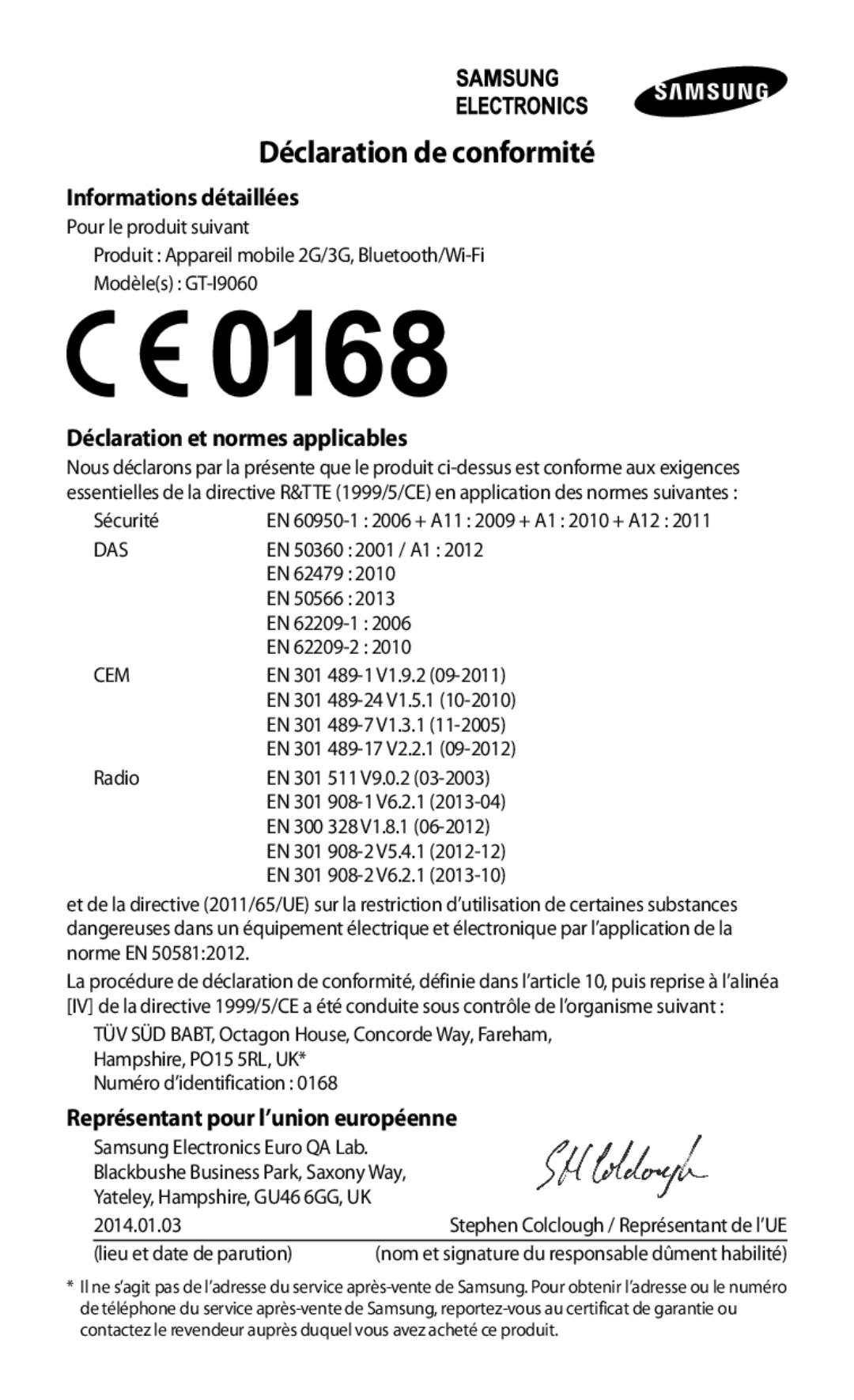 Samsung GT-I9060MKAXEF, GT-I9060EGAXEF, GT-I9060ZWAXEF manual Déclaration de conformité 