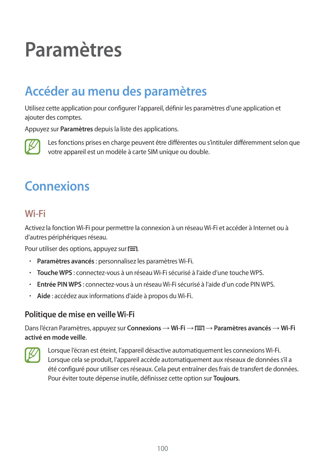 Samsung GT-I9060ZWAXEF, GT-I9060EGAXEF Accéder au menu des paramètres, Connexions, Politique de mise en veille Wi-Fi 