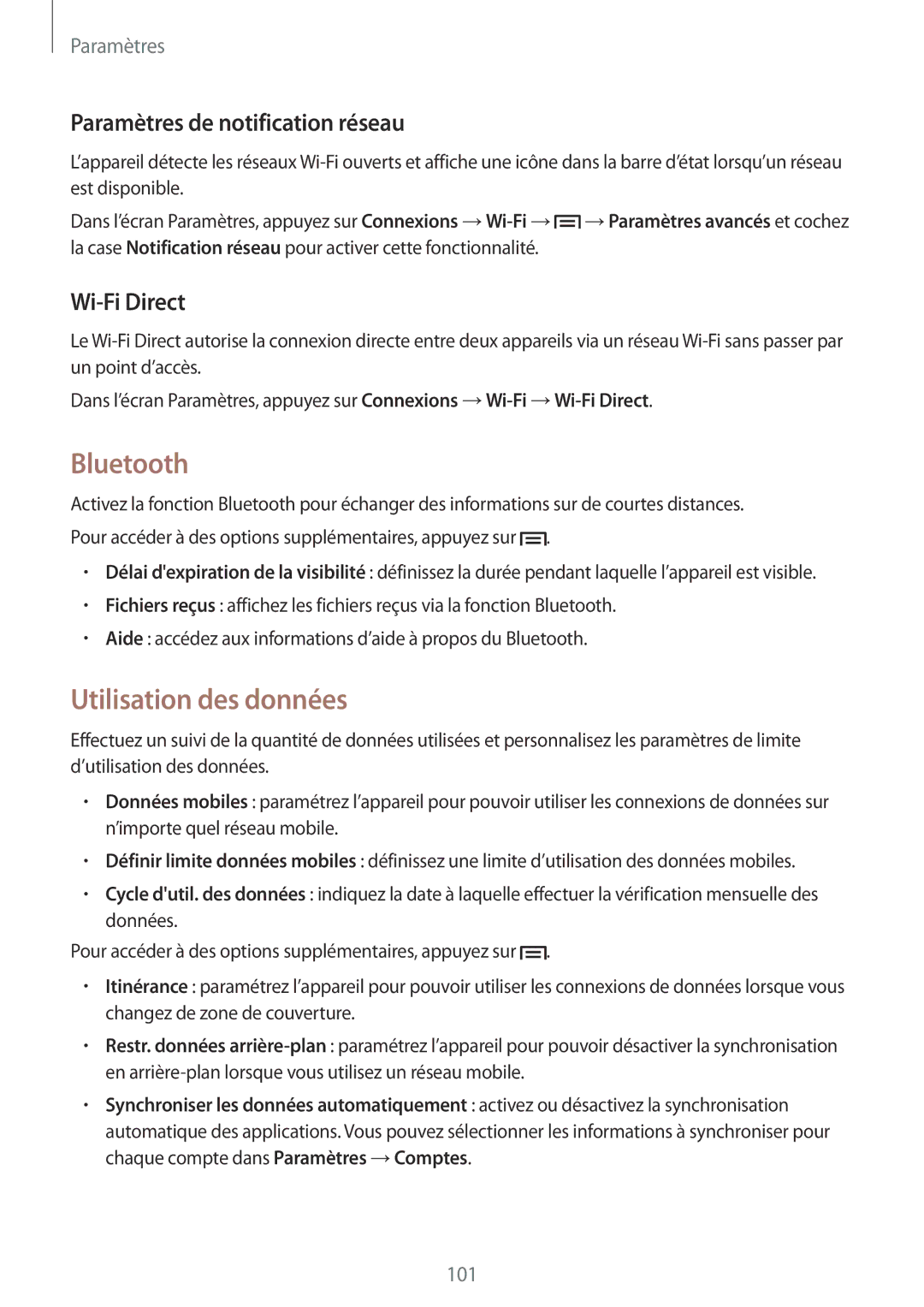 Samsung GT-I9060MKAXEF, GT-I9060EGAXEF Bluetooth, Utilisation des données, Paramètres de notification réseau, Wi-Fi Direct 