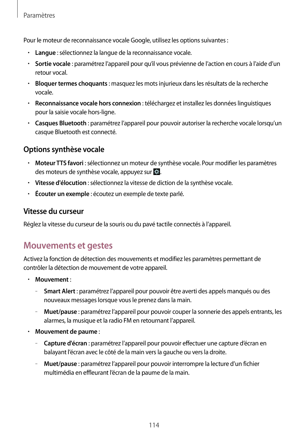 Samsung GT-I9060EGAXEF manual Mouvements et gestes, Options synthèse vocale, Vitesse du curseur, Mouvement de paume 