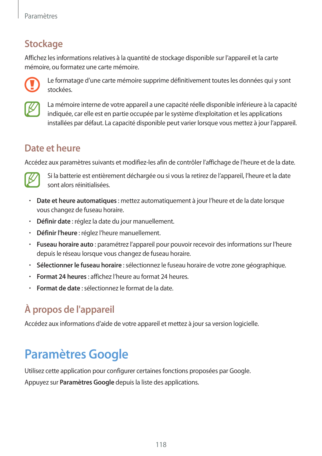 Samsung GT-I9060ZWAXEF, GT-I9060EGAXEF, GT-I9060MKAXEF manual Paramètres Google, Stockage, Date et heure, Propos de lappareil 