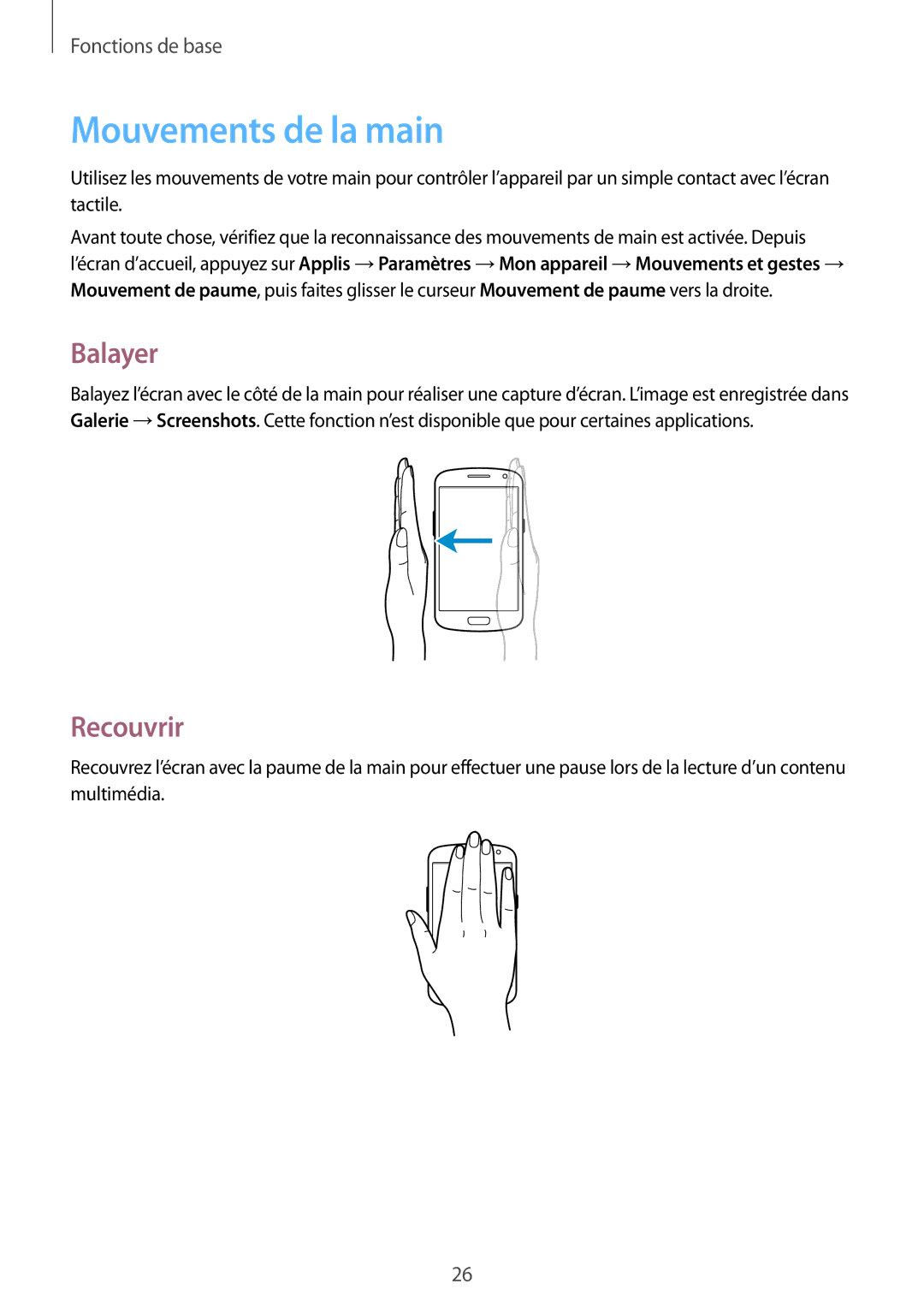 Samsung GT-I9060MKAXEF, GT-I9060EGAXEF, GT-I9060ZWAXEF manual Mouvements de la main, Balayer, Recouvrir 