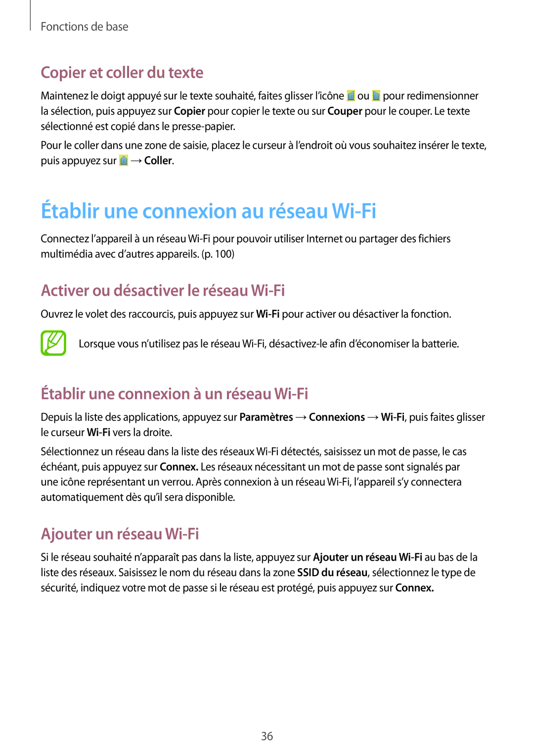 Samsung GT-I9060EGAXEF manual Établir une connexion au réseau Wi-Fi, Copier et coller du texte, Ajouter un réseau Wi-Fi 