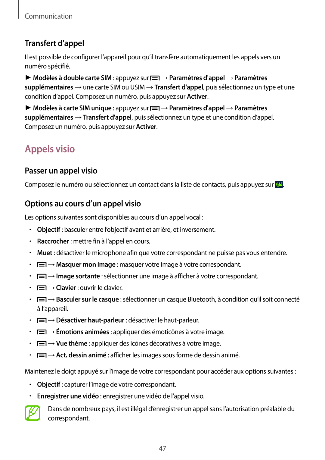 Samsung GT-I9060MKAXEF manual Appels visio, Transfert d’appel, Passer un appel visio, Options au cours d’un appel visio 