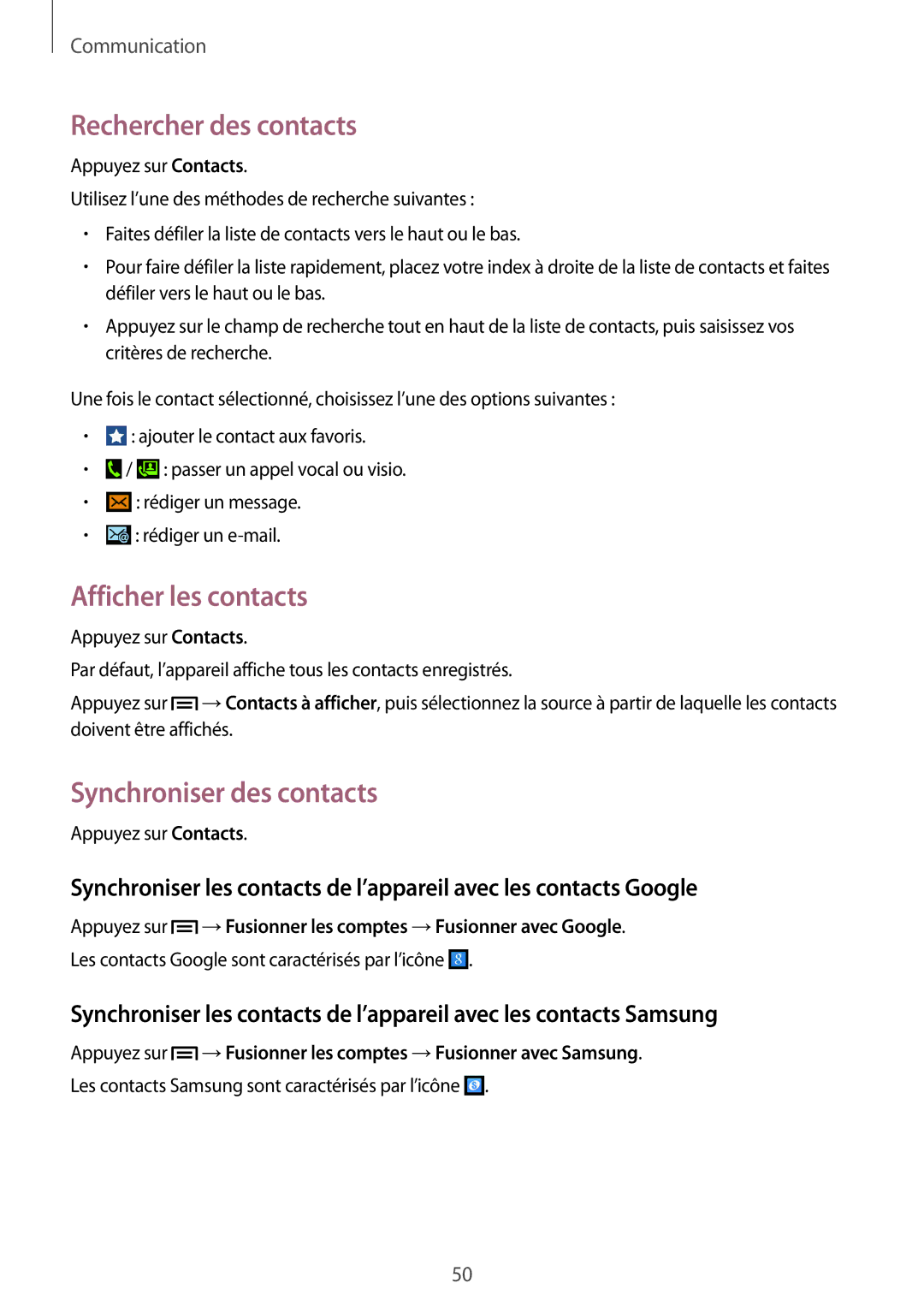 Samsung GT-I9060MKAXEF, GT-I9060EGAXEF manual Rechercher des contacts, Afficher les contacts, Synchroniser des contacts 