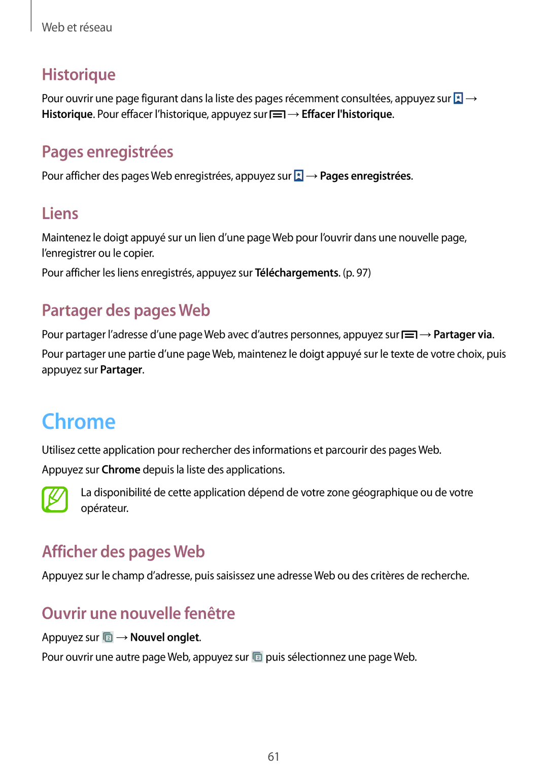 Samsung GT-I9060ZWAXEF, GT-I9060EGAXEF manual Chrome, Historique, Pages enregistrées, Liens, Partager des pages Web 