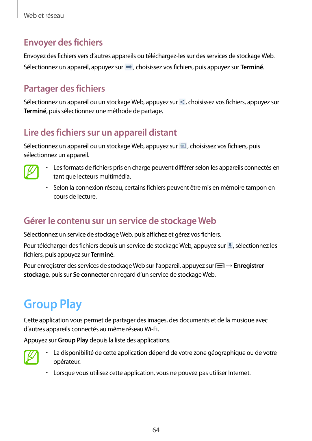 Samsung GT-I9060ZWAXEF Group Play, Envoyer des fichiers, Partager des fichiers, Lire des fichiers sur un appareil distant 