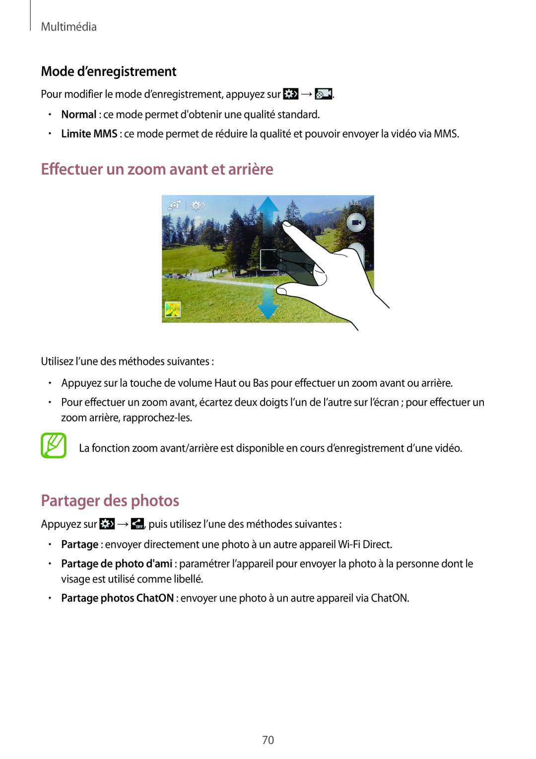 Samsung GT-I9060ZWAXEF, GT-I9060EGAXEF manual Effectuer un zoom avant et arrière, Partager des photos, Mode d’enregistrement 