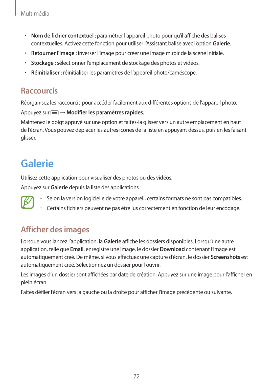 Samsung GT-I9060EGAXEF manual Galerie, Raccourcis, Afficher des images, Appuyez sur →Modifier les paramètres rapides 