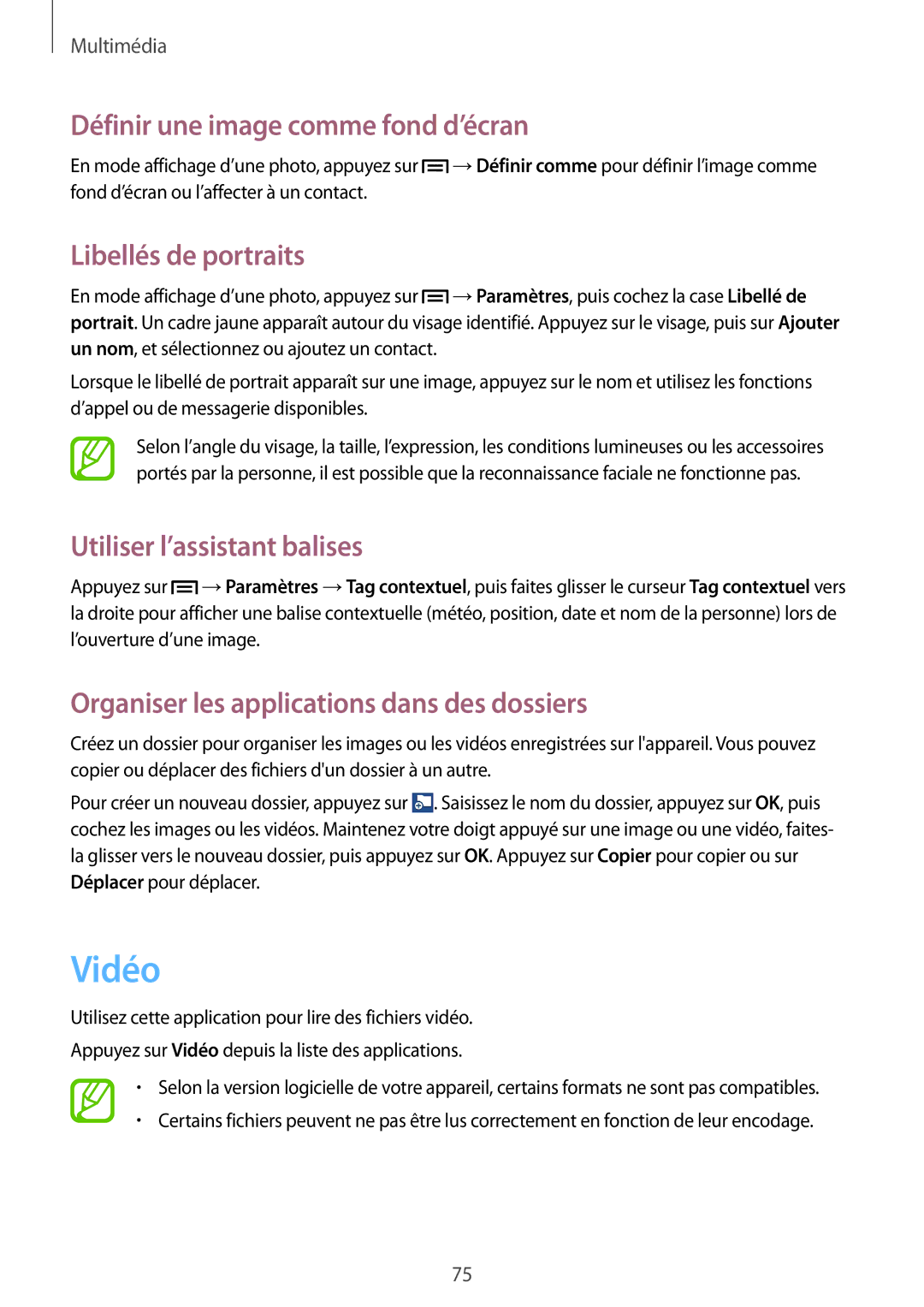 Samsung GT-I9060EGAXEF Vidéo, Définir une image comme fond d’écran, Libellés de portraits, Utiliser l’assistant balises 