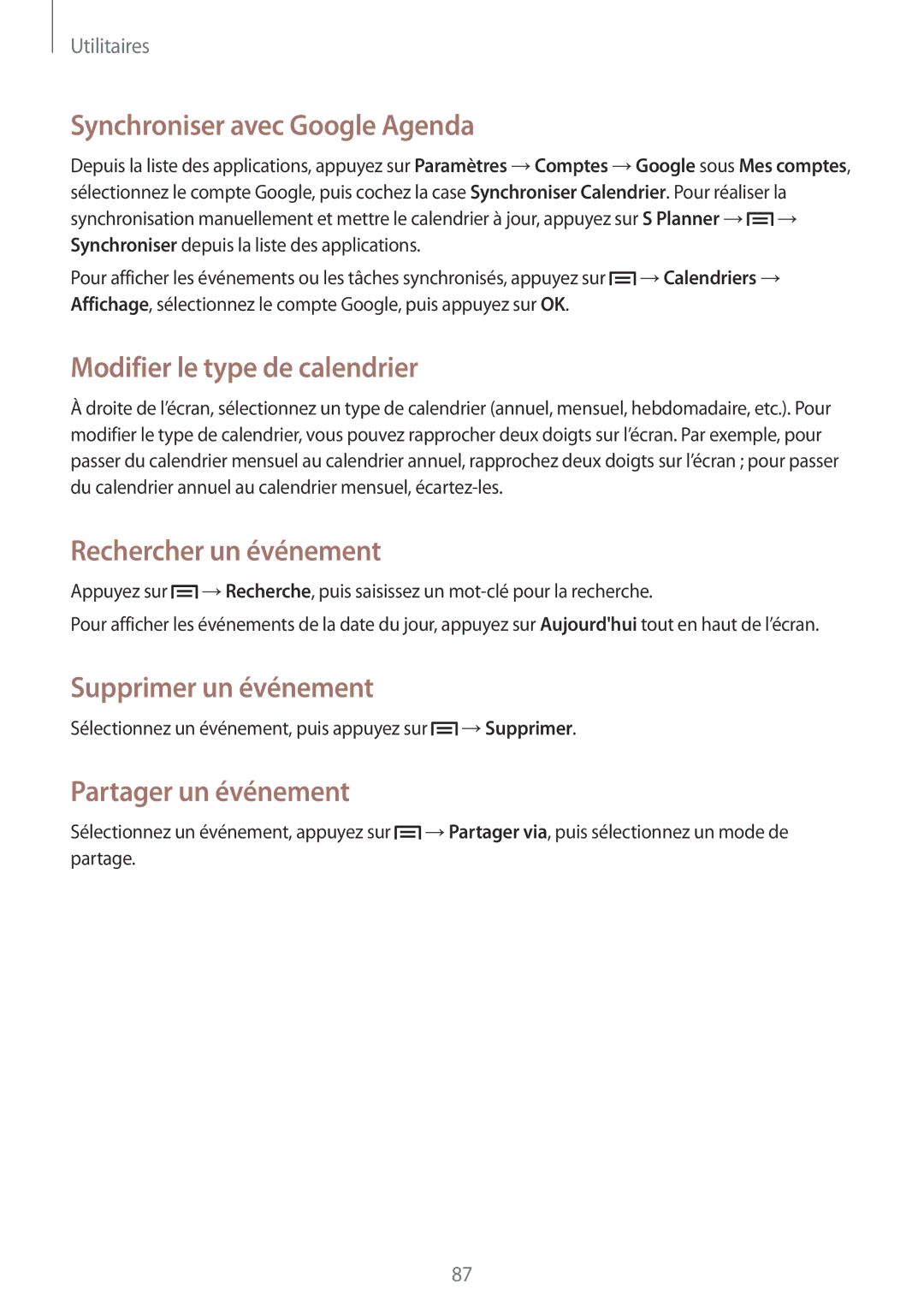 Samsung GT-I9060EGAXEF manual Synchroniser avec Google Agenda, Modifier le type de calendrier, Rechercher un événement 