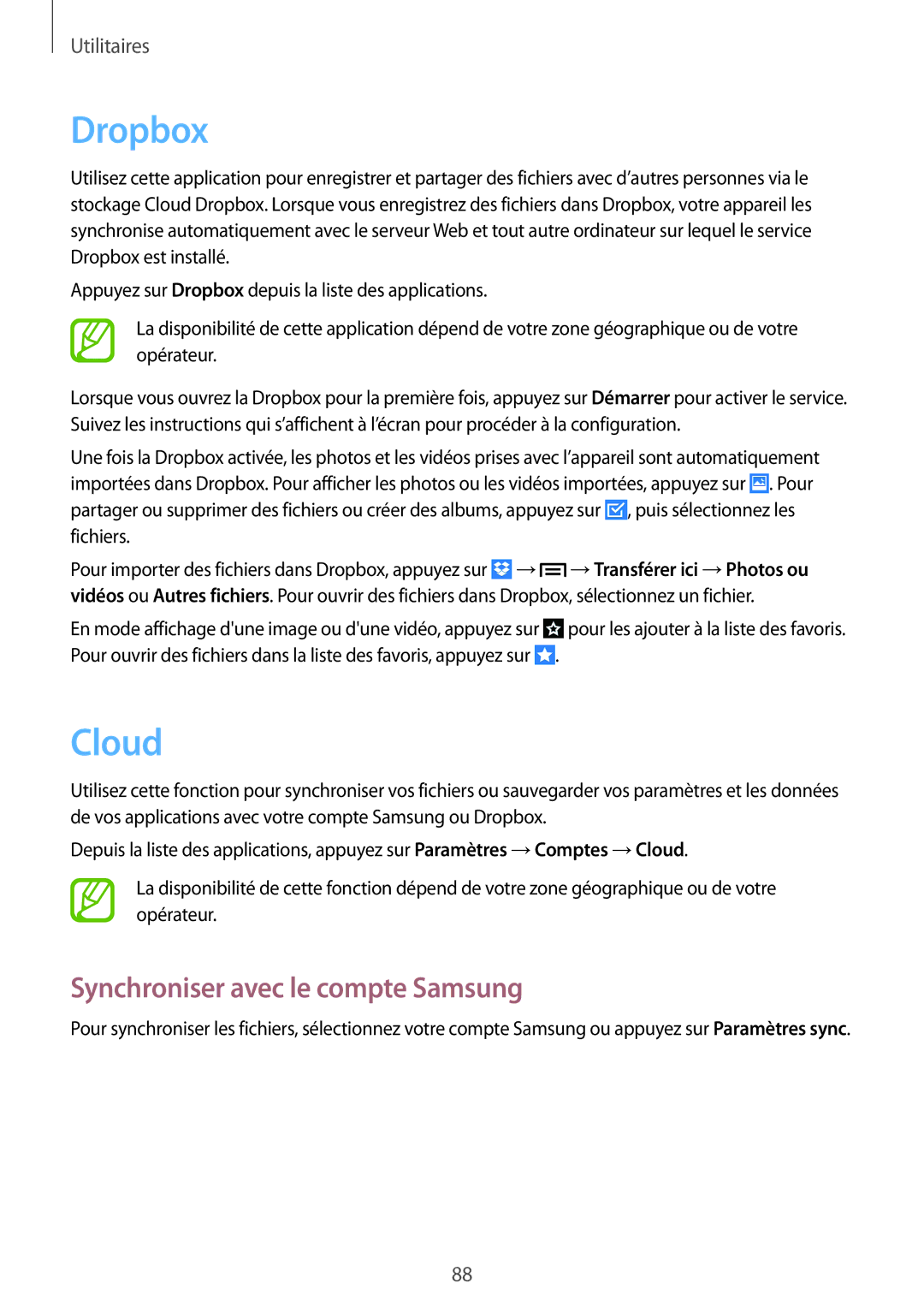 Samsung GT-I9060ZWAXEF, GT-I9060EGAXEF, GT-I9060MKAXEF manual Dropbox, Cloud, Synchroniser avec le compte Samsung 