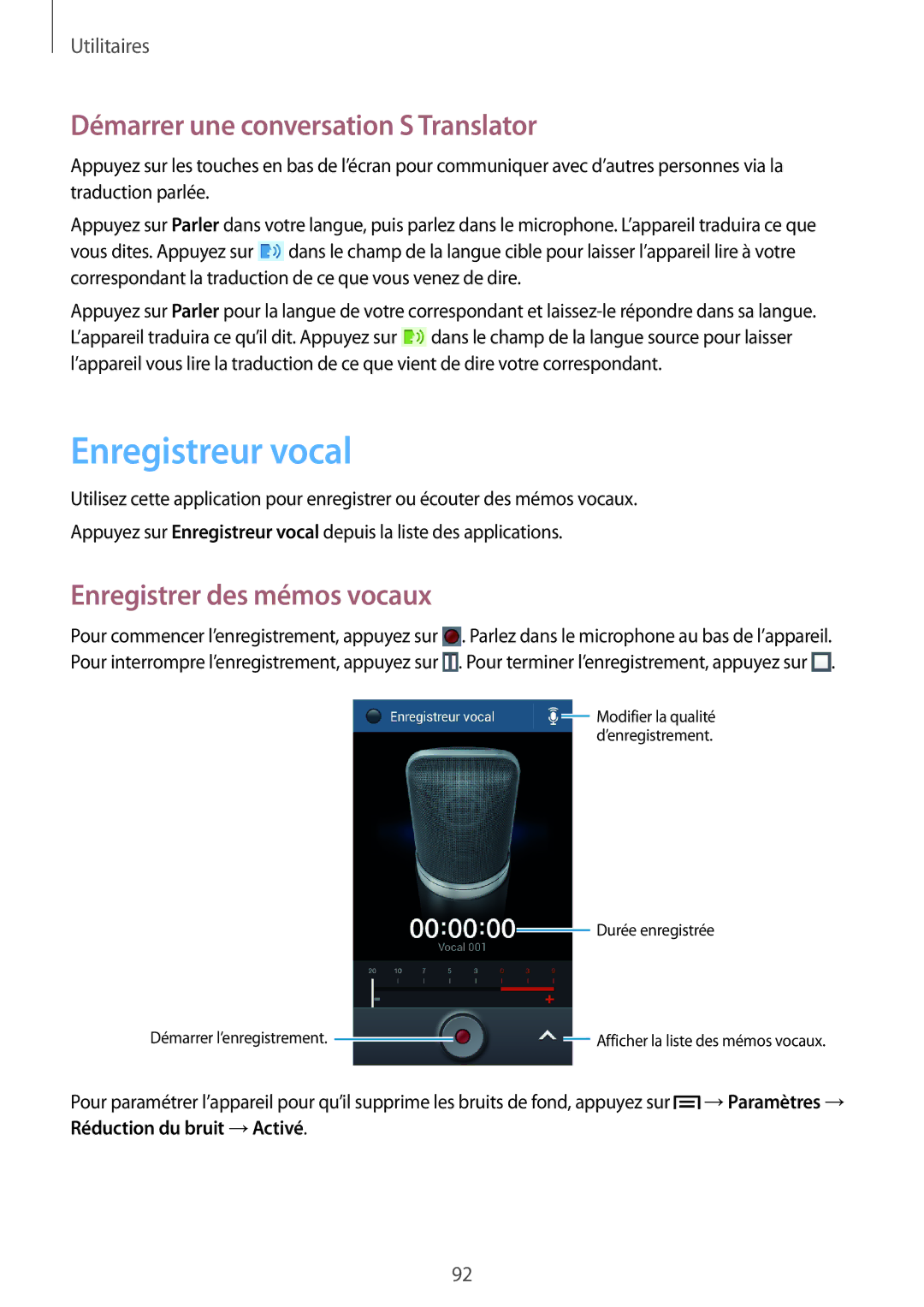 Samsung GT-I9060MKAXEF manual Enregistreur vocal, Démarrer une conversation S Translator, Enregistrer des mémos vocaux 