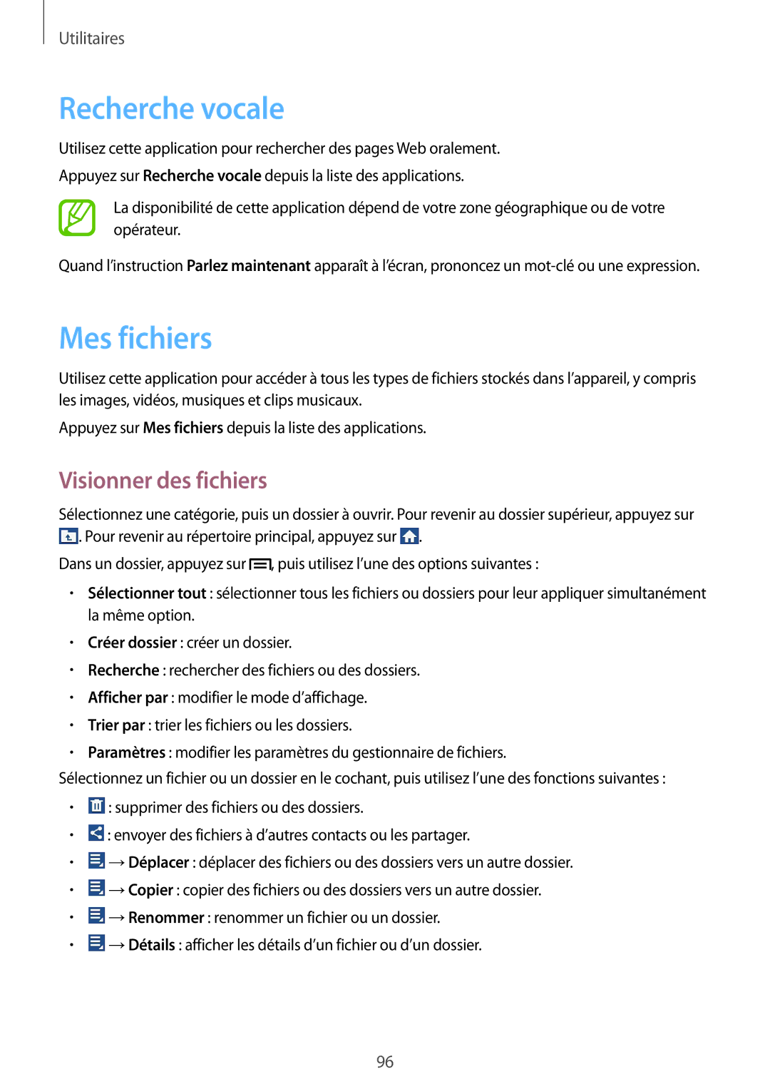 Samsung GT-I9060EGAXEF, GT-I9060ZWAXEF, GT-I9060MKAXEF manual Recherche vocale, Mes fichiers, Visionner des fichiers 