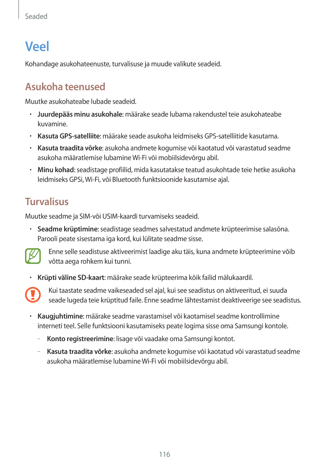 Samsung GT-I9060MKASEB manual Veel, Asukoha teenused, Turvalisus, Muutke seadme ja SIM-või USIM-kaardi turvamiseks seadeid 