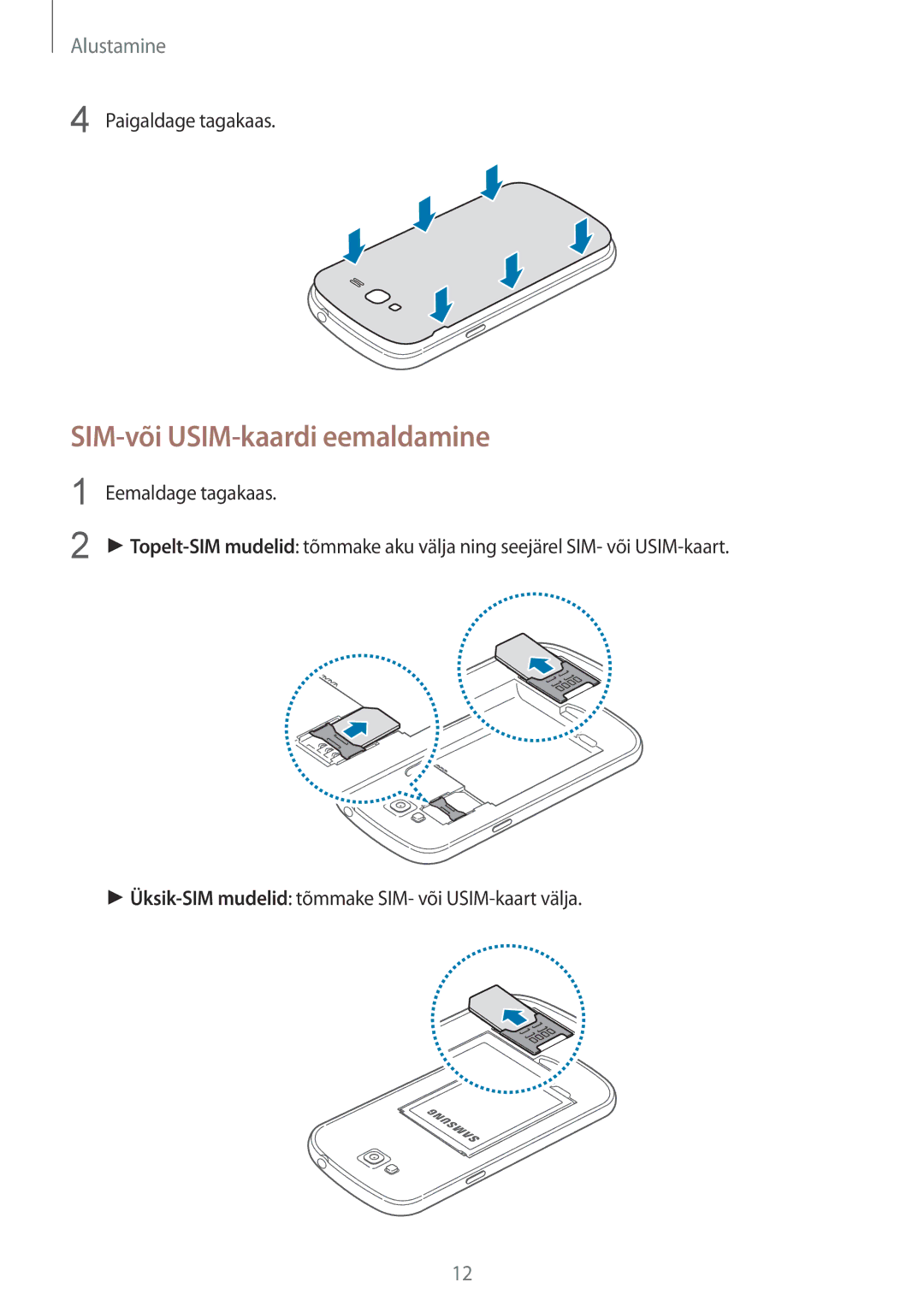 Samsung GT-I9060MKASEB, GT-I9060MKDSEB, GT-I9060ZWDSEB, GT-I9060ZWASEB SIM-või USIM-kaardi eemaldamine, Paigaldage tagakaas 