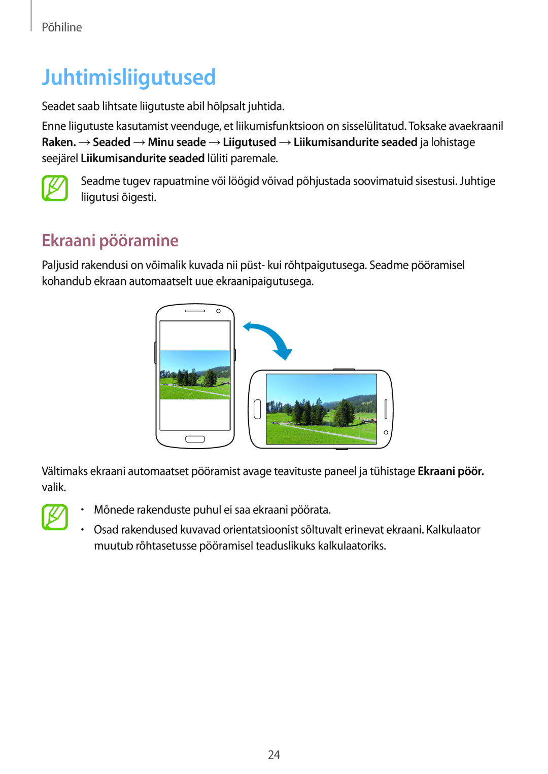 Samsung GT-I9060MKASEB, GT-I9060MKDSEB, GT-I9060ZWDSEB, GT-I9060ZWASEB manual Juhtimisliigutused, Ekraani pööramine 