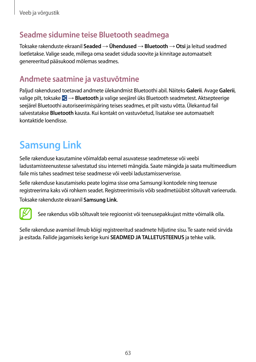 Samsung GT-I9060ZWASEB manual Samsung Link, Seadme sidumine teise Bluetooth seadmega, Andmete saatmine ja vastuvõtmine 