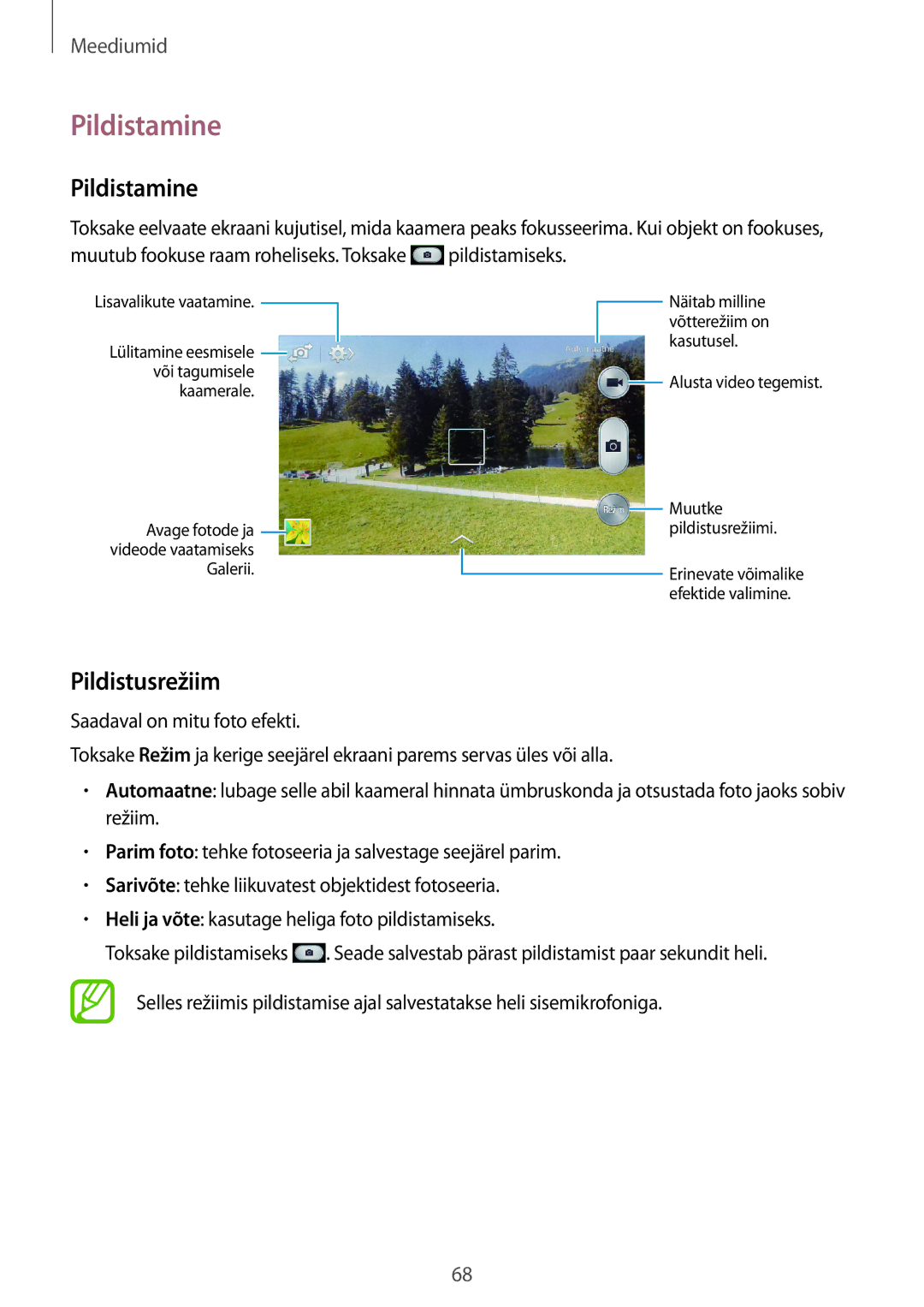 Samsung GT-I9060MKASEB manual Pildistamine, Pildistusrežiim, Muutub fookuse raam roheliseks. Toksake pildistamiseks 