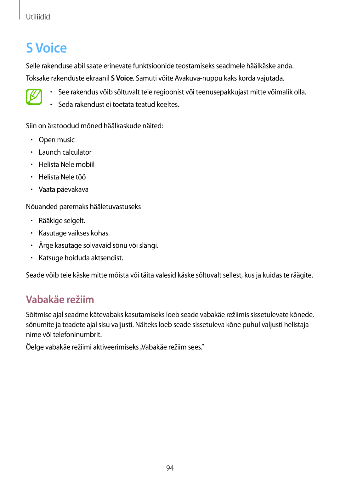 Samsung GT-I9060ZWDSEB, GT-I9060MKASEB, GT-I9060MKDSEB, GT-I9060ZWASEB manual Voice, Vabakäe režiim 