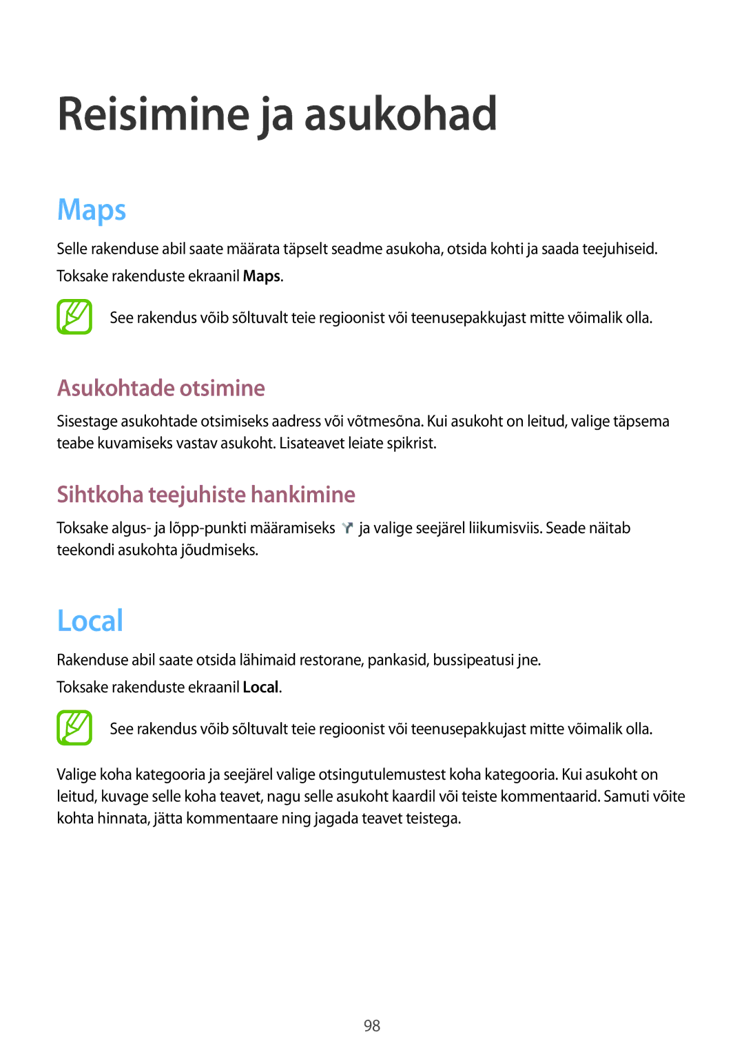 Samsung GT-I9060ZWDSEB manual Reisimine ja asukohad, Maps, Local, Asukohtade otsimine, Sihtkoha teejuhiste hankimine 