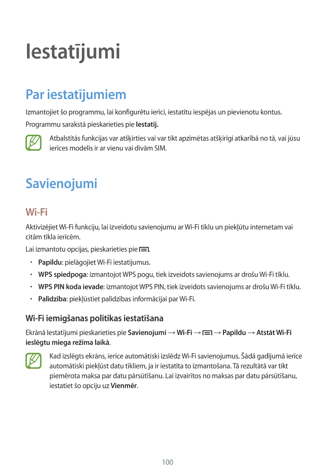 Samsung GT-I9060MKASEB manual Iestatījumi, Par iestatījumiem, Savienojumi, Wi-Fi iemigšanas politikas iestatīšana 