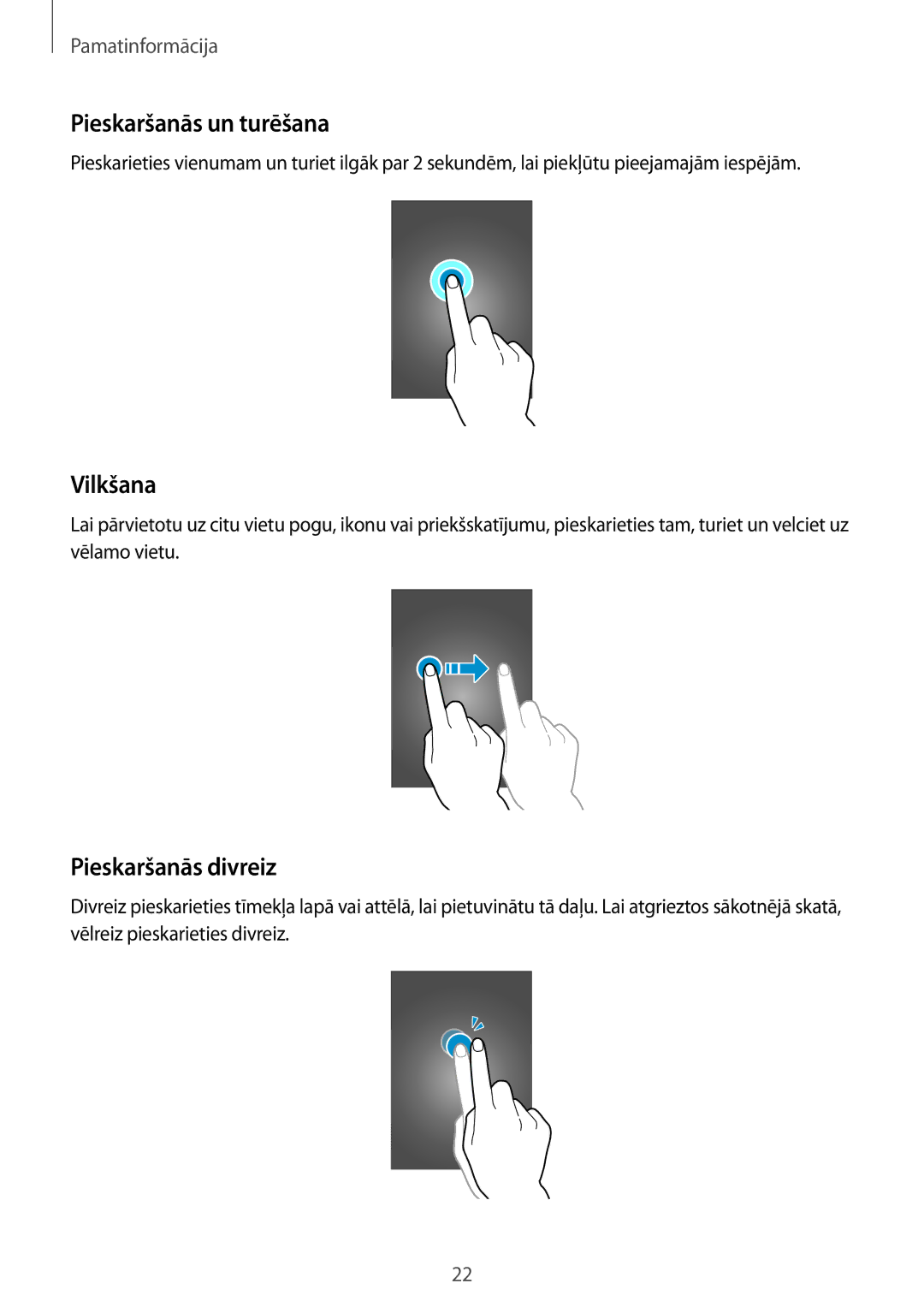 Samsung GT-I9060ZWDSEB, GT-I9060MKASEB, GT-I9060MKDSEB manual Pieskaršanās un turēšana, Vilkšana, Pieskaršanās divreiz 