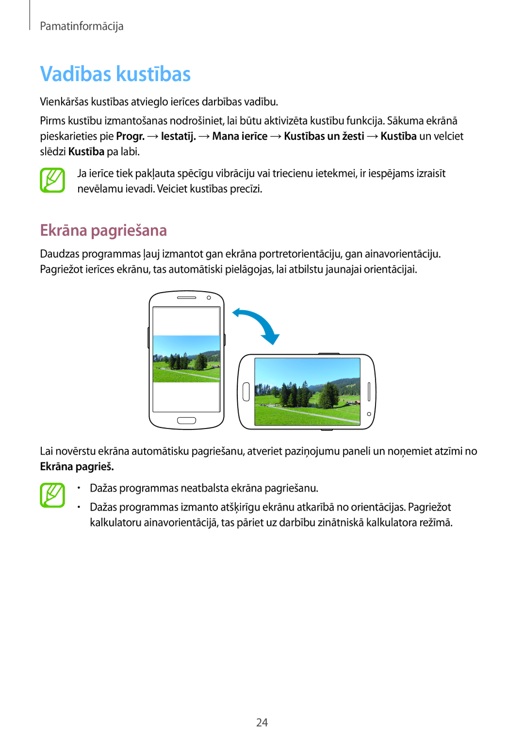 Samsung GT-I9060MKASEB, GT-I9060MKDSEB, GT-I9060ZWDSEB, GT-I9060ZWASEB manual Vadības kustības, Ekrāna pagriešana 