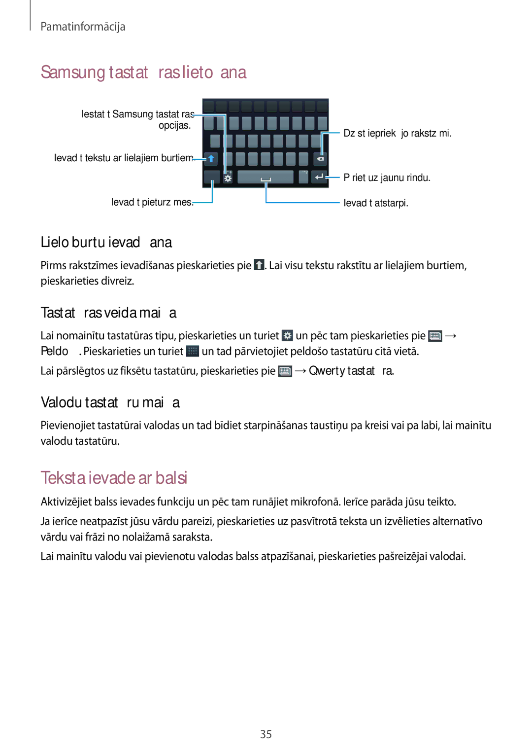 Samsung GT-I9060ZWASEB Teksta ievade ar balsi, Lielo burtu ievadīšana, Tastatūras veida maiņa, Valodu tastatūru maiņa 