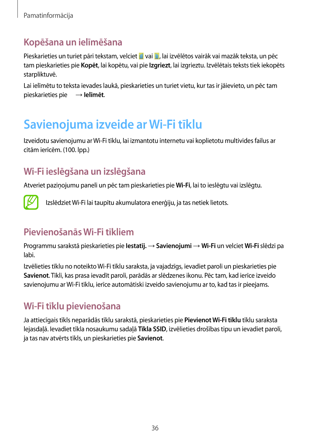 Samsung GT-I9060MKASEB manual Savienojuma izveide ar Wi-Fi tīklu, Kopēšana un ielīmēšana, Wi-Fi ieslēgšana un izslēgšana 