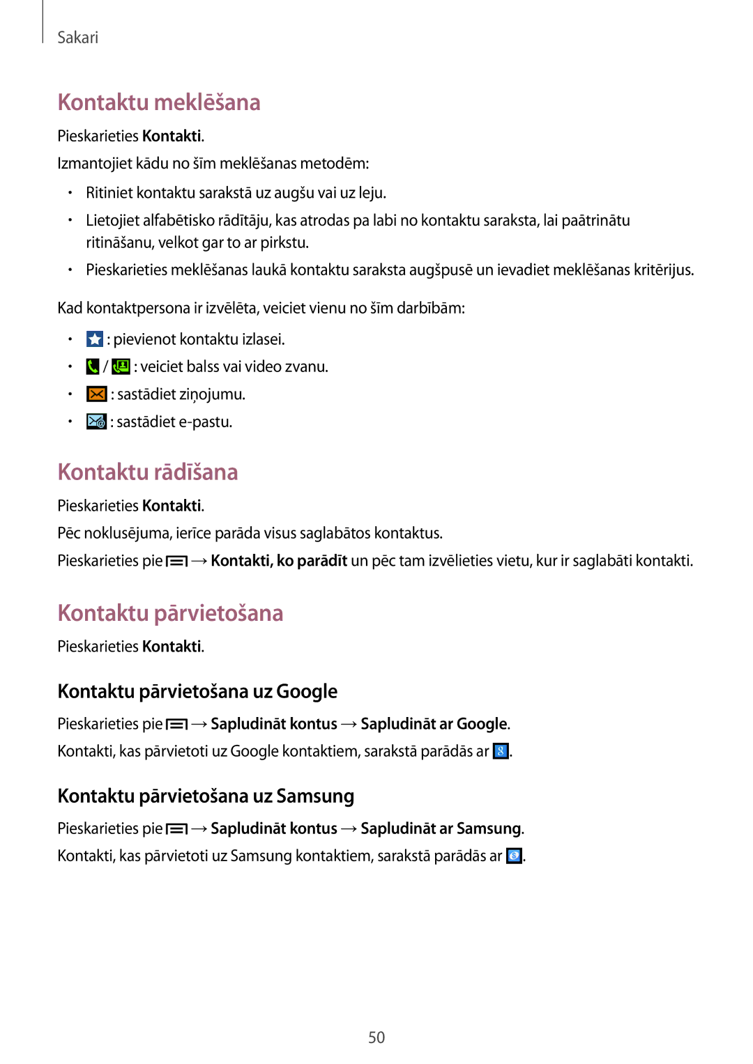 Samsung GT-I9060ZWDSEB, GT-I9060MKASEB manual Kontaktu meklēšana, Kontaktu rādīšana, Kontaktu pārvietošana uz Google 