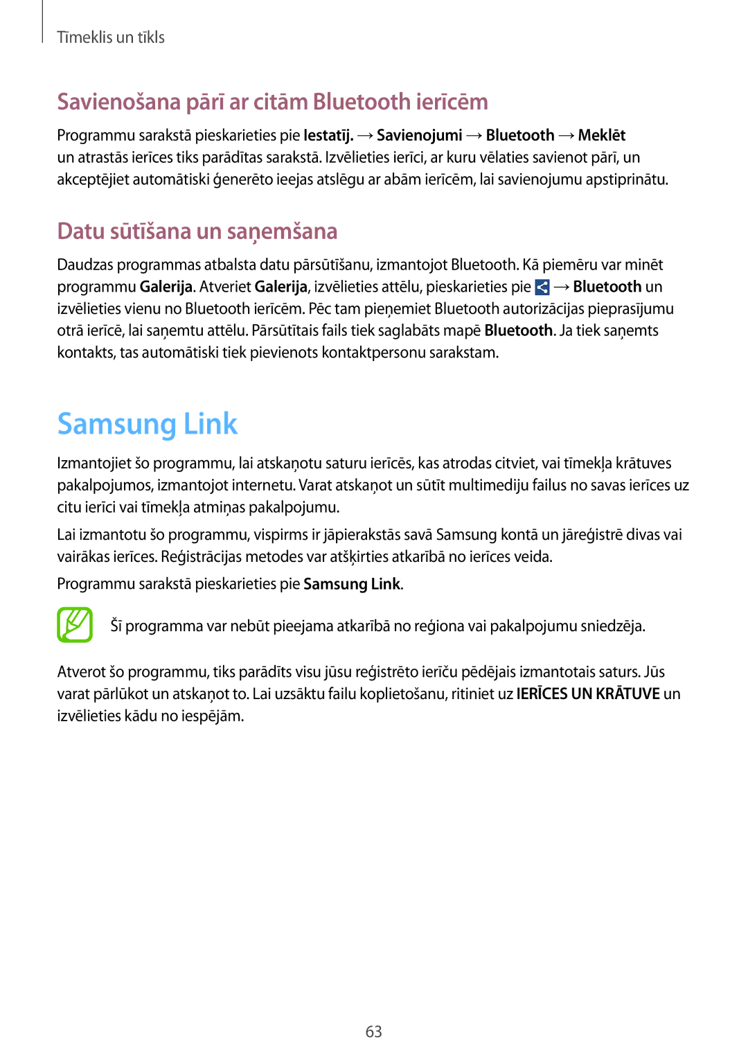 Samsung GT-I9060ZWASEB manual Samsung Link, Savienošana pārī ar citām Bluetooth ierīcēm, Datu sūtīšana un saņemšana 