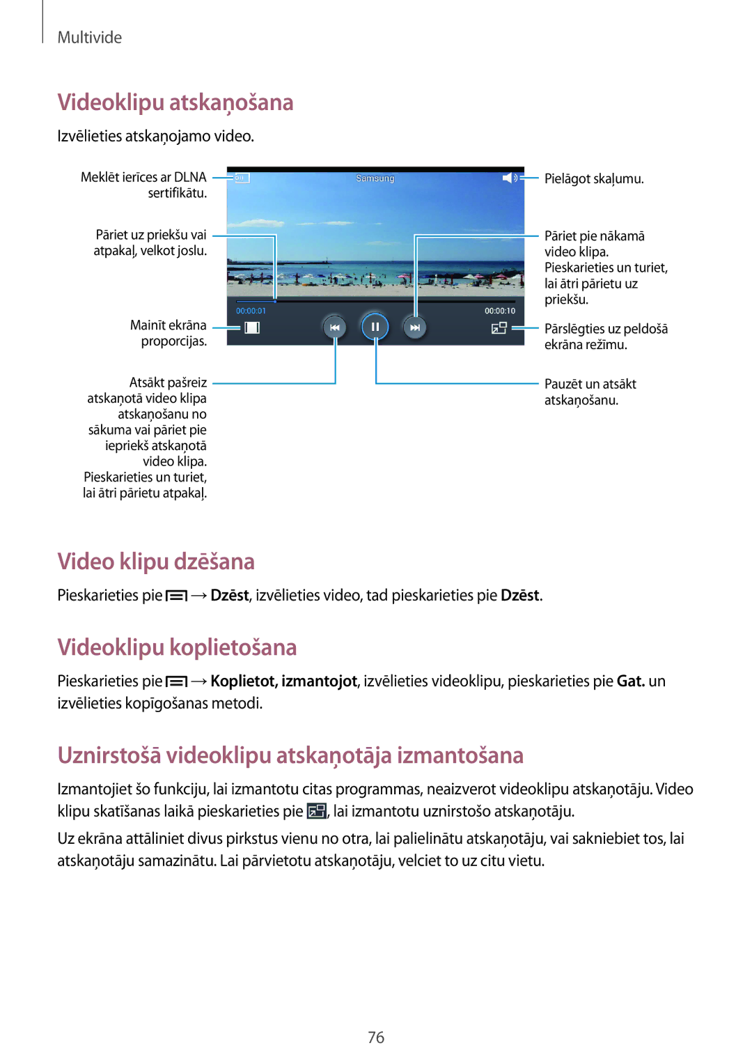 Samsung GT-I9060MKASEB manual Video klipu dzēšana, Videoklipu koplietošana, Uznirstošā videoklipu atskaņotāja izmantošana 