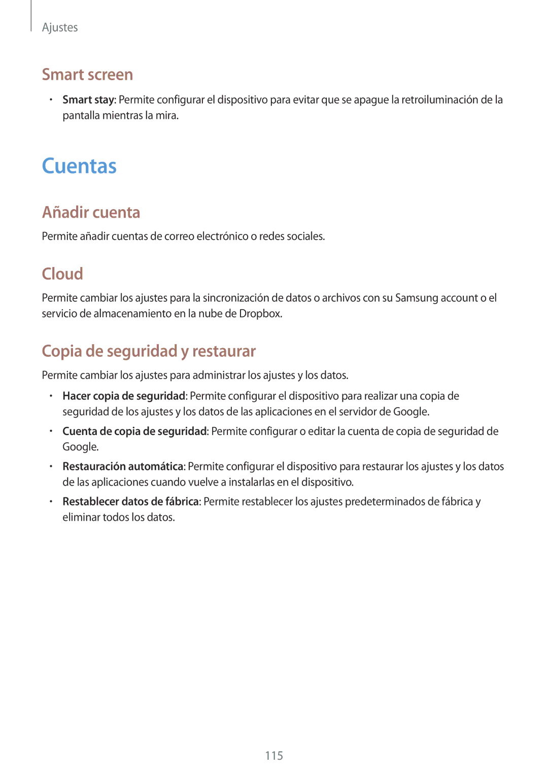 Samsung GT-I9060MKDTPH, GT-I9060MKAXEF manual Cuentas, Smart screen, Añadir cuenta, Cloud, Copia de seguridad y restaurar 