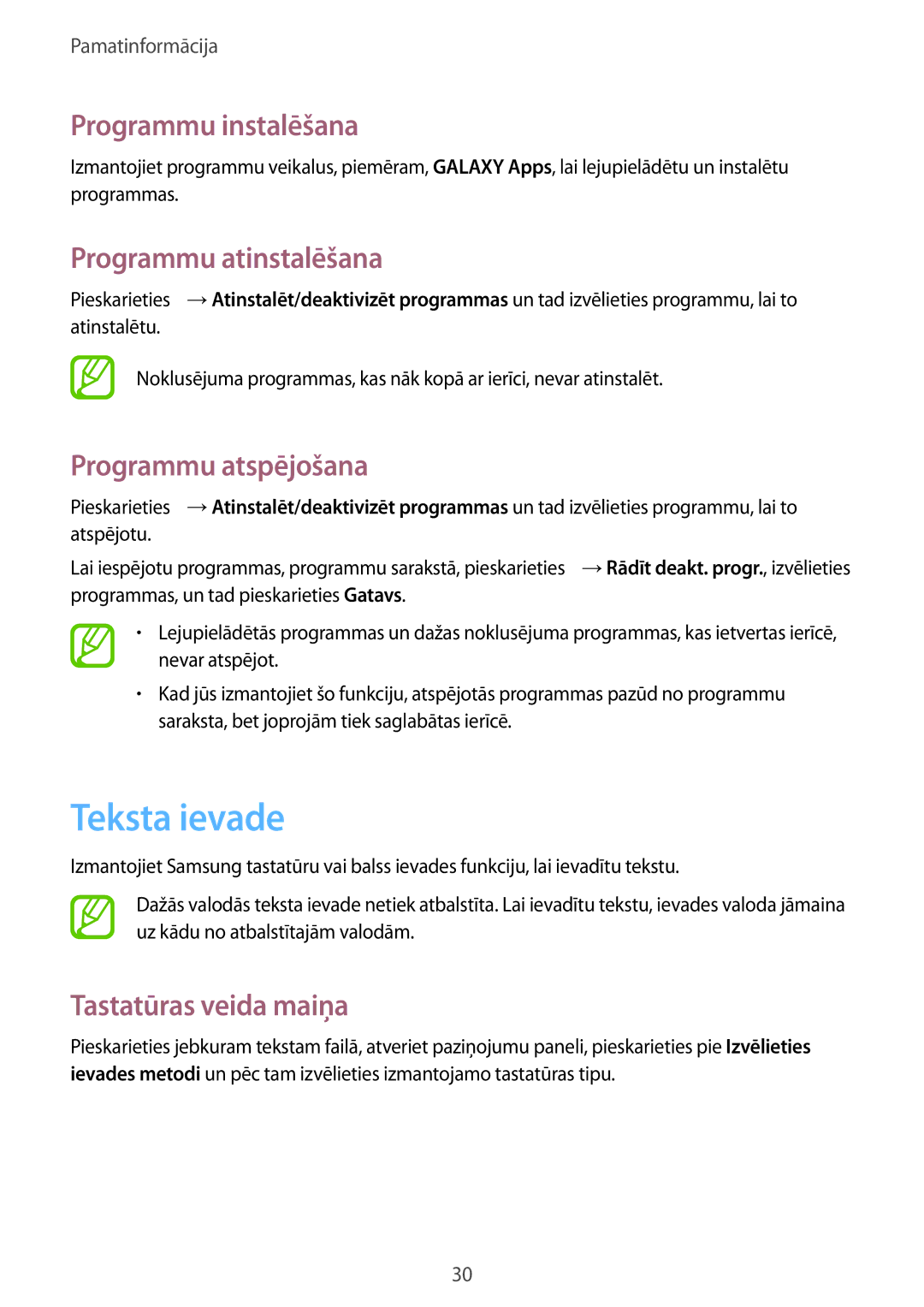 Samsung GT-I9060MKSSEB manual Teksta ievade, Programmu instalēšana, Programmu atinstalēšana, Programmu atspējošana 