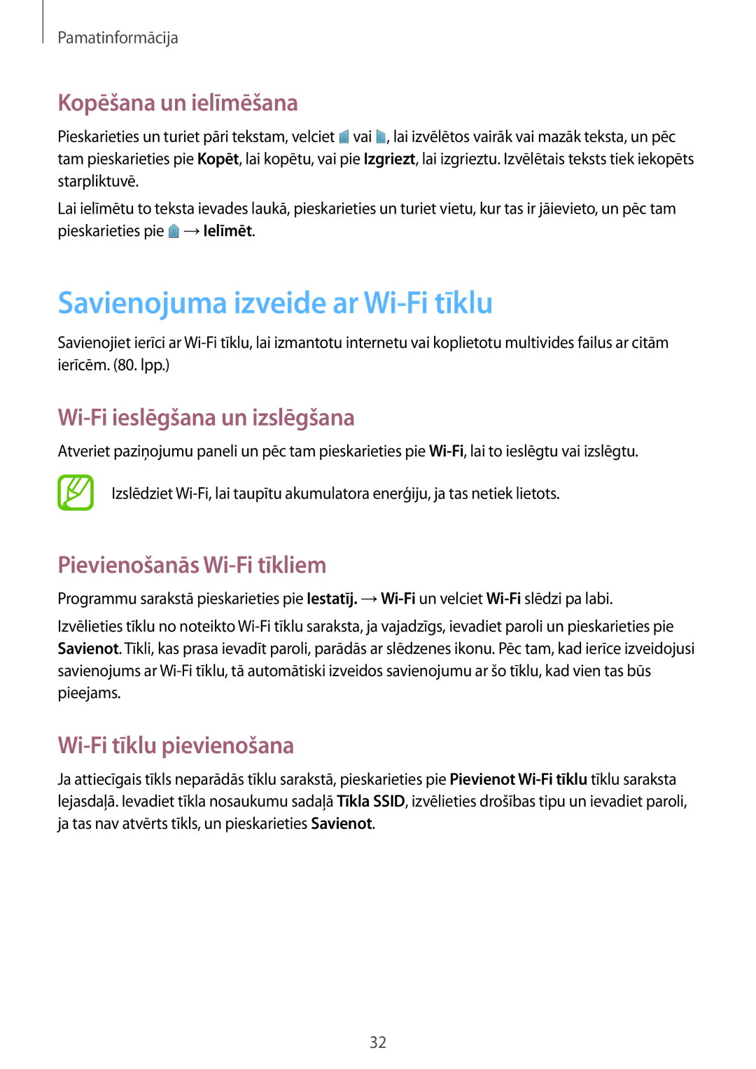 Samsung GT-I9060ZDISEB manual Savienojuma izveide ar Wi-Fi tīklu, Kopēšana un ielīmēšana, Wi-Fi ieslēgšana un izslēgšana 