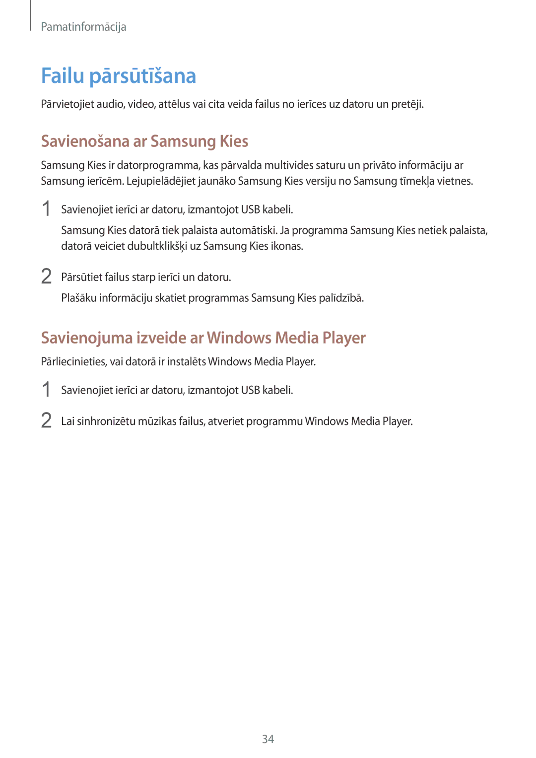 Samsung GT-I9060ZWSSEB manual Failu pārsūtīšana, Savienošana ar Samsung Kies, Savienojuma izveide ar Windows Media Player 