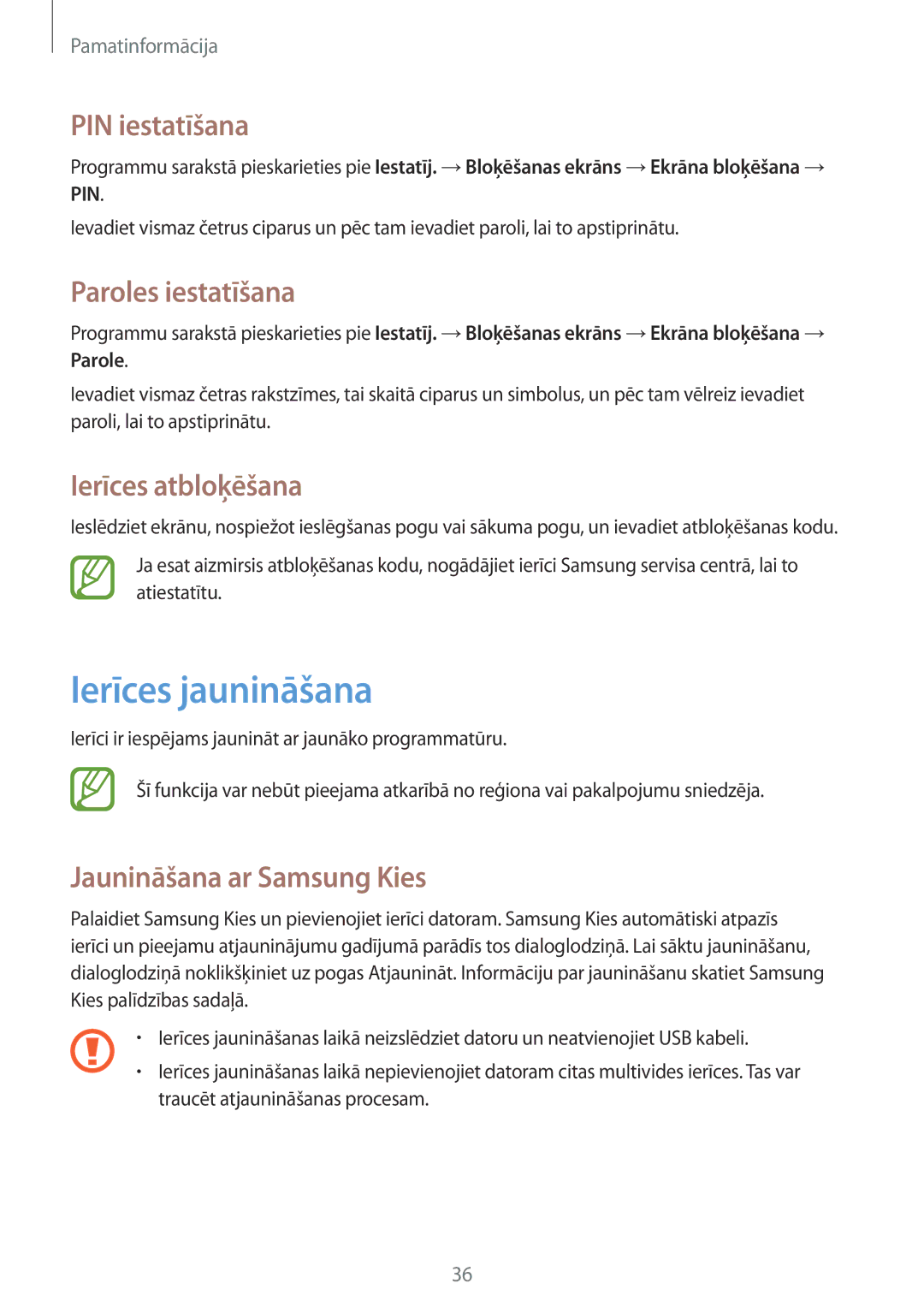 Samsung GT-I9060ZWISEB, GT-I9060MKSSEB manual Ierīces jaunināšana, PIN iestatīšana, Paroles iestatīšana, Ierīces atbloķēšana 