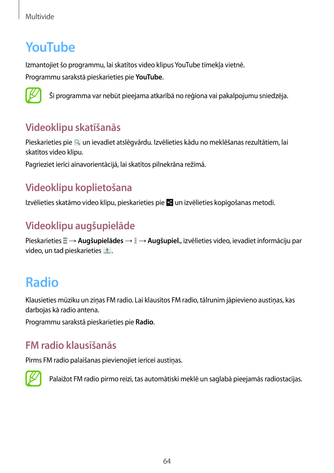 Samsung GT-I9060ZWSSEB manual YouTube, Radio, Videoklipu skatīšanās, Videoklipu augšupielāde, FM radio klausīšanās 